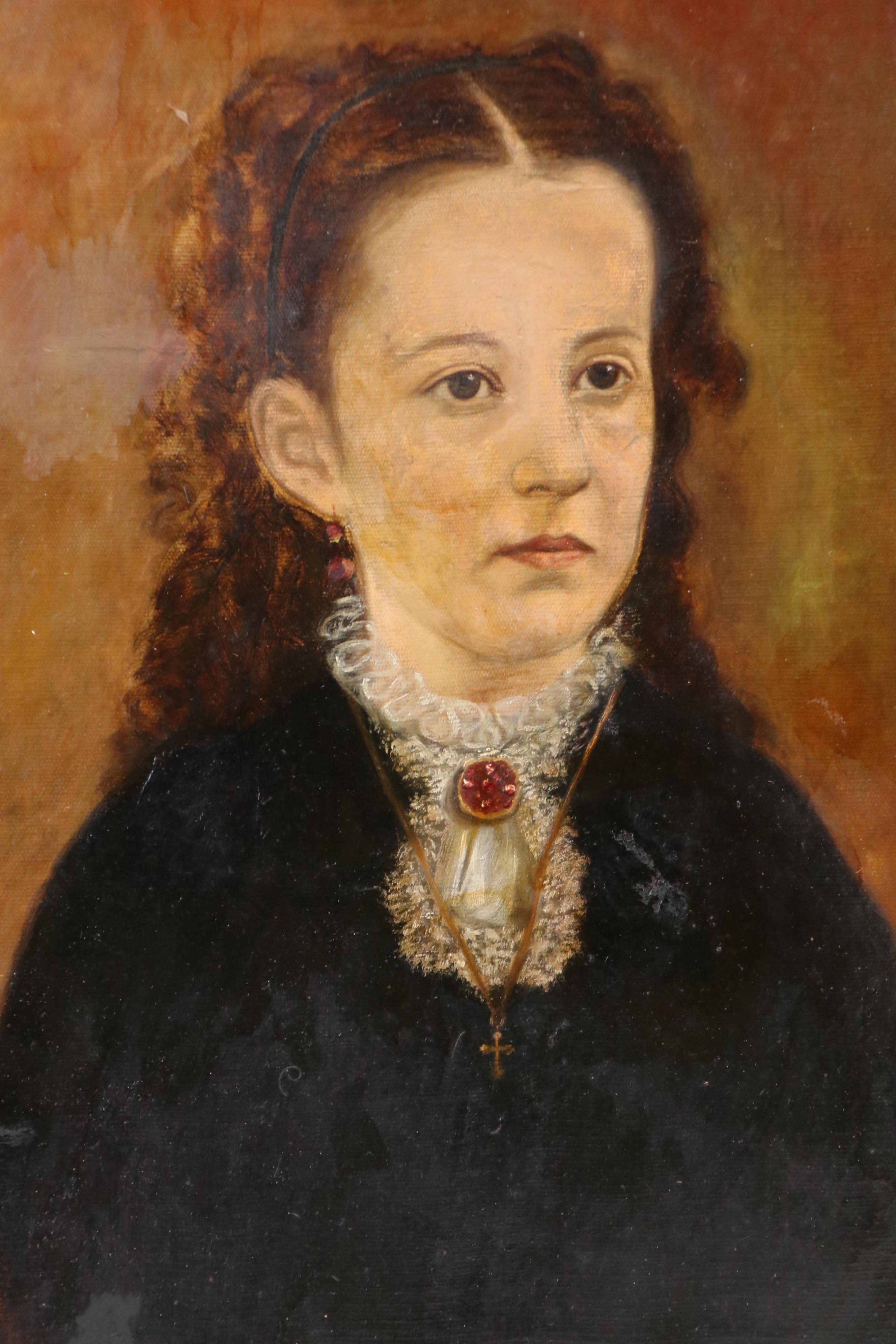 Antique Oil Portrait Painting of Girl, Circa 1900
