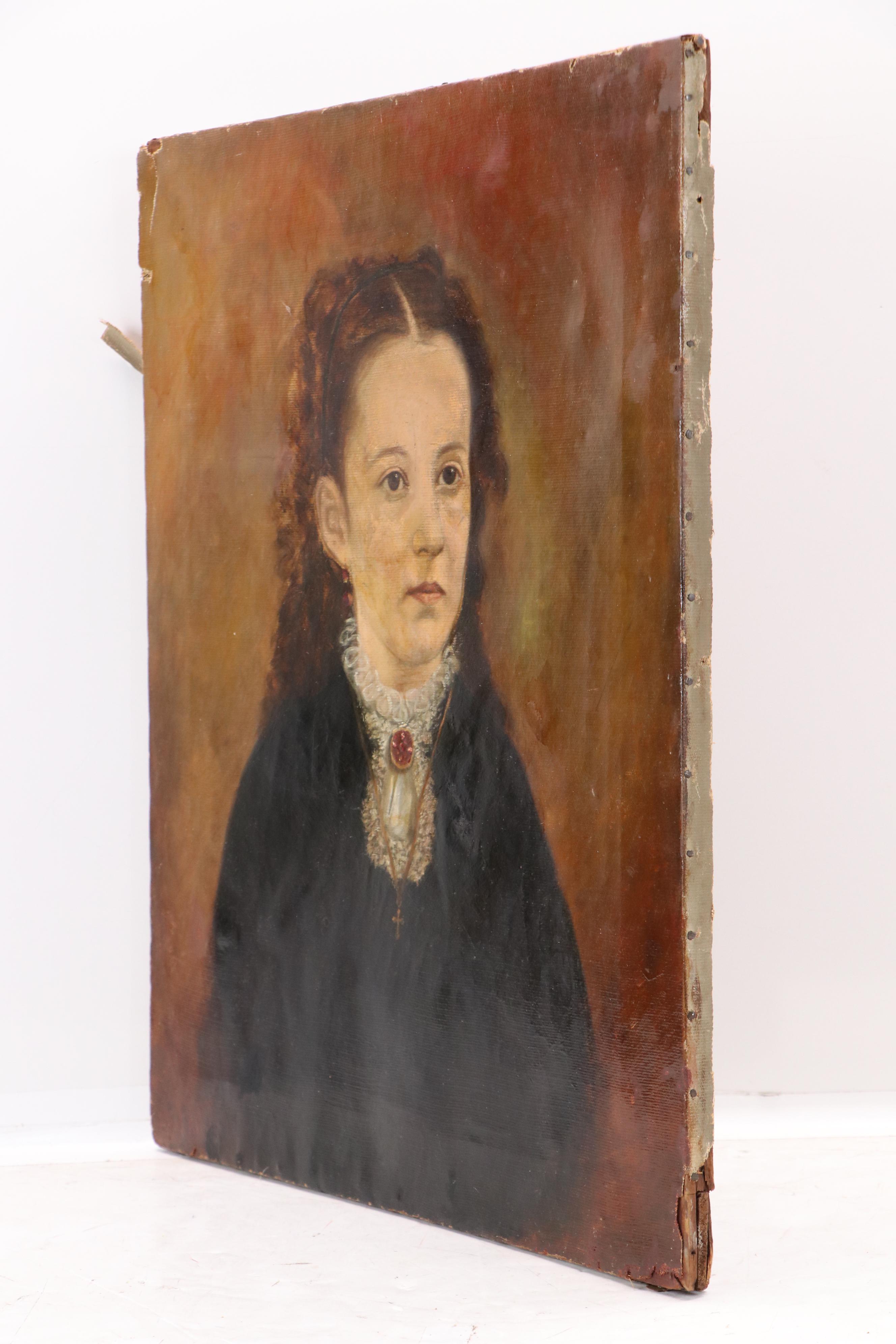 Antique Oil Portrait Painting of Girl, Circa 1900
