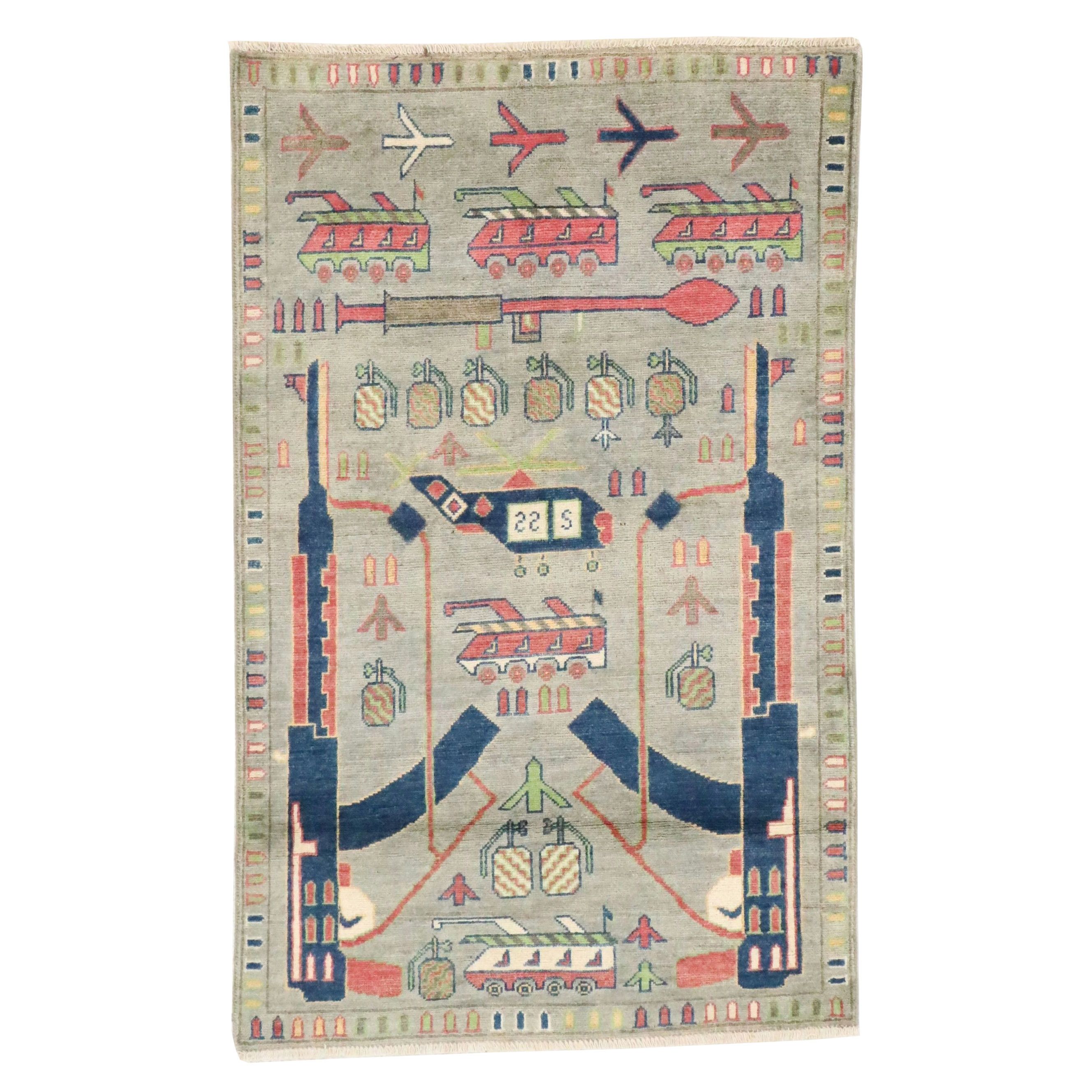 3' x 4'10 Hand-Knotted Afghan Pictorial War Accent Rug