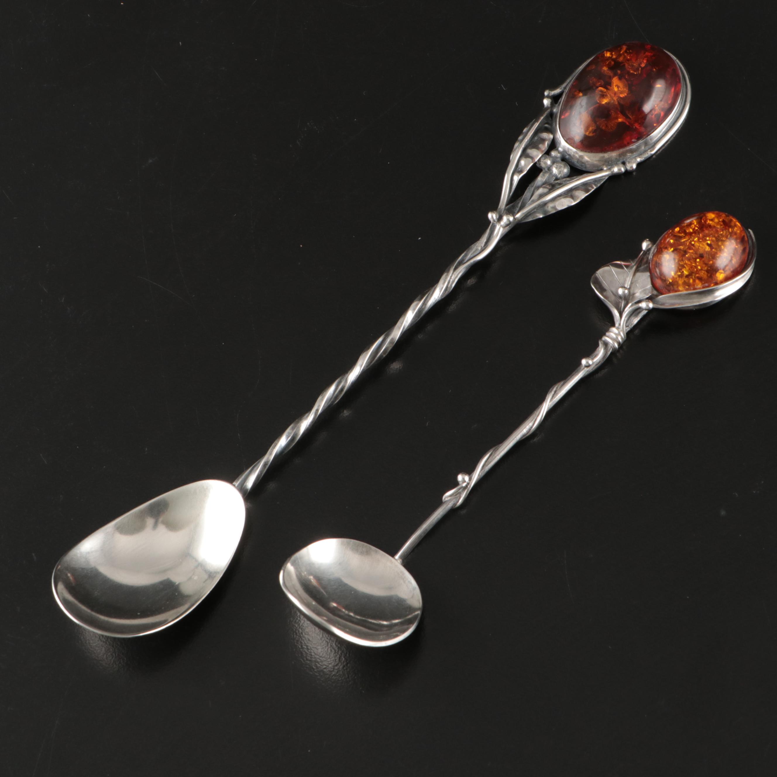 Amber and Sterling Silver Spoons with Twisting Floral Stems