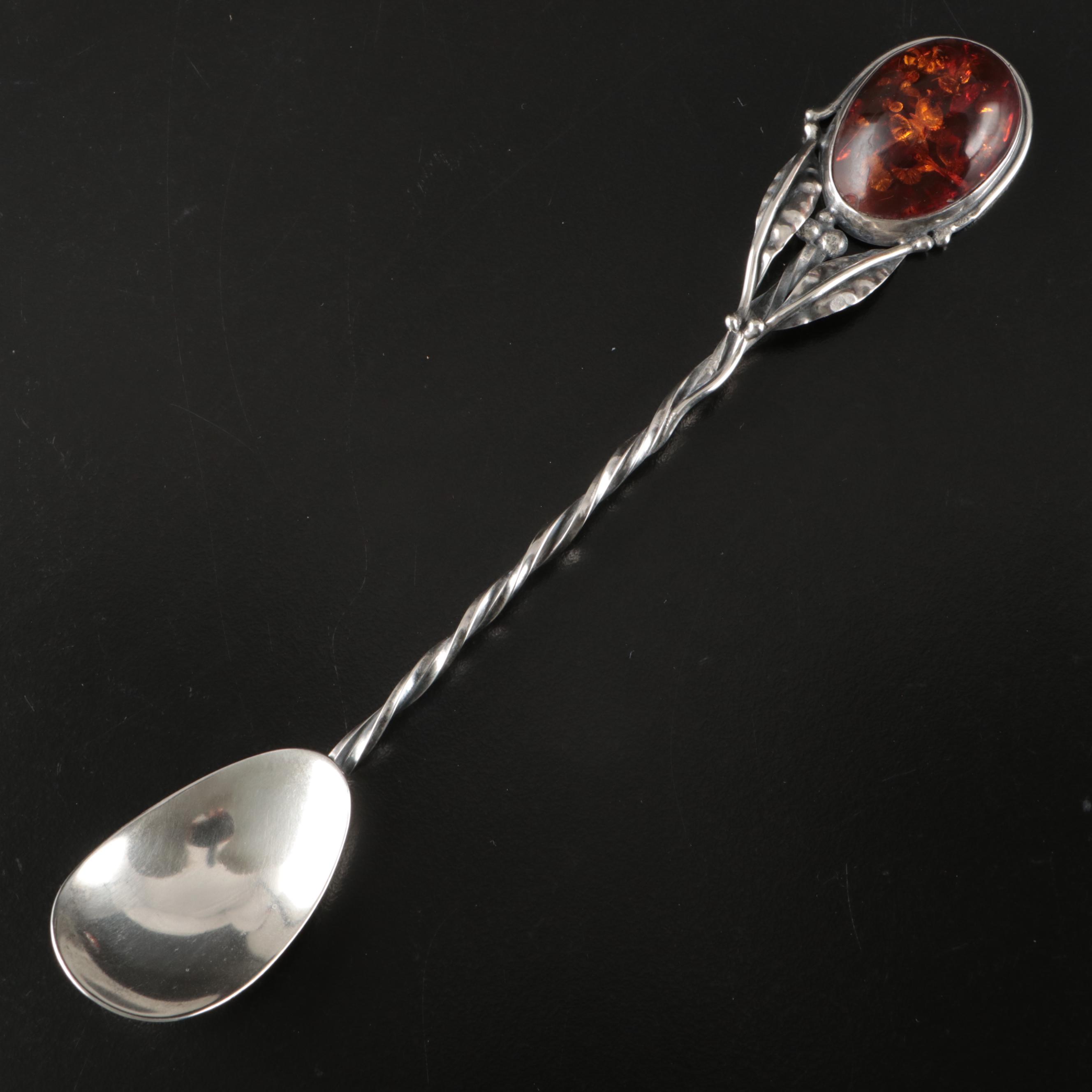 Amber and Sterling Silver Spoons with Twisting Floral Stems