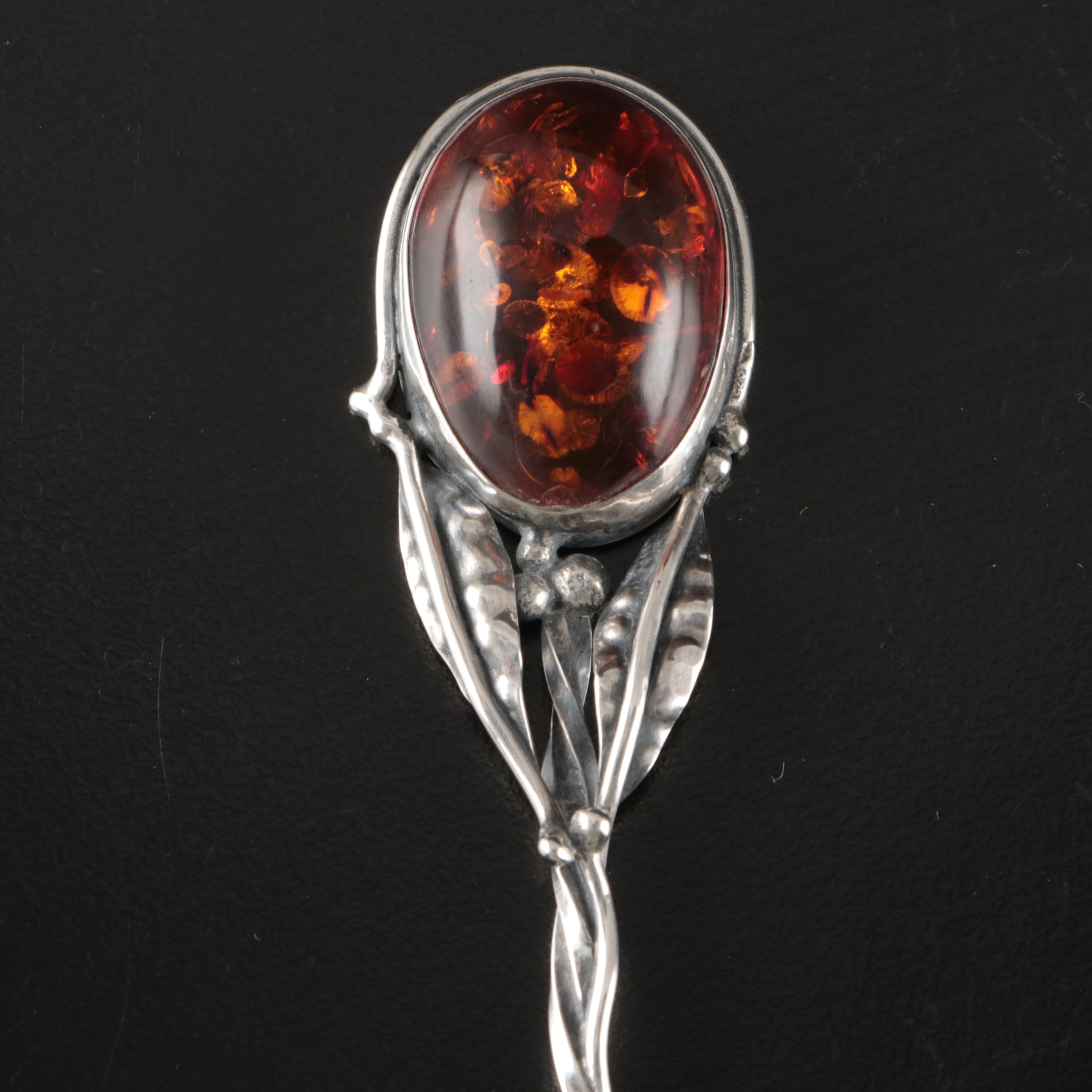 Amber and Sterling Silver Spoons with Twisting Floral Stems