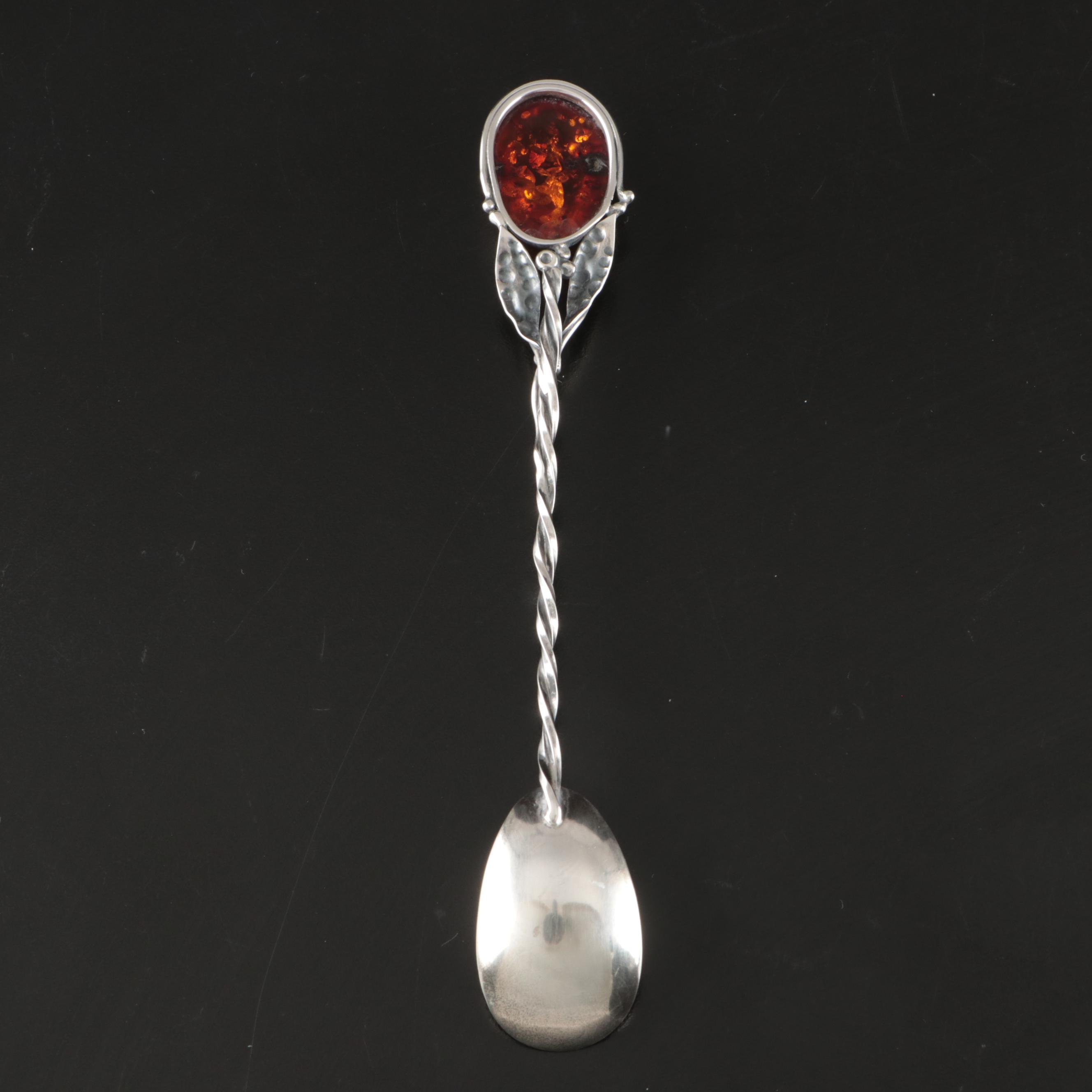 Amber and Sterling Silver Spoons with Twisting Floral Stems