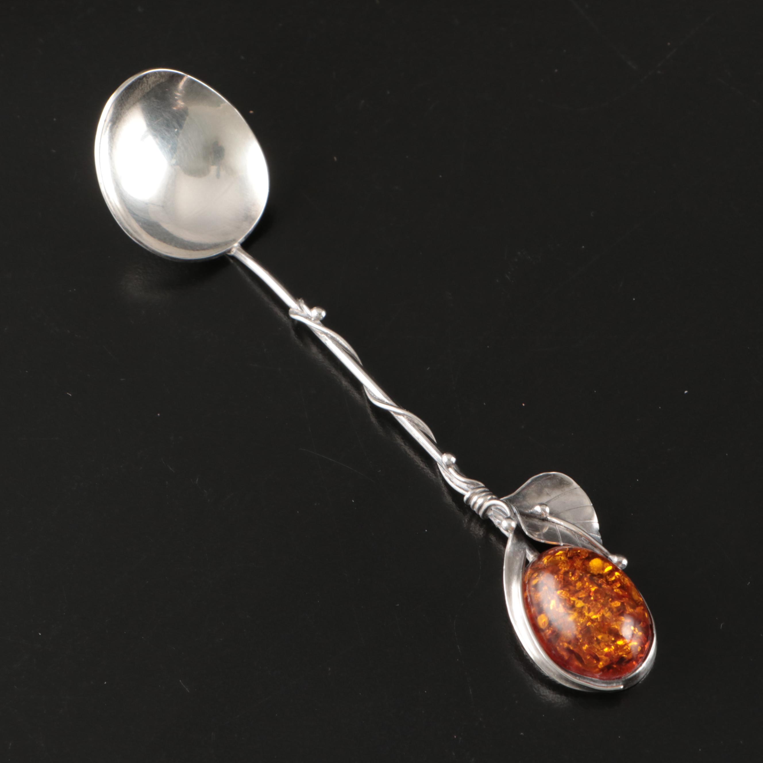 Amber and Sterling Silver Spoons with Twisting Floral Stems