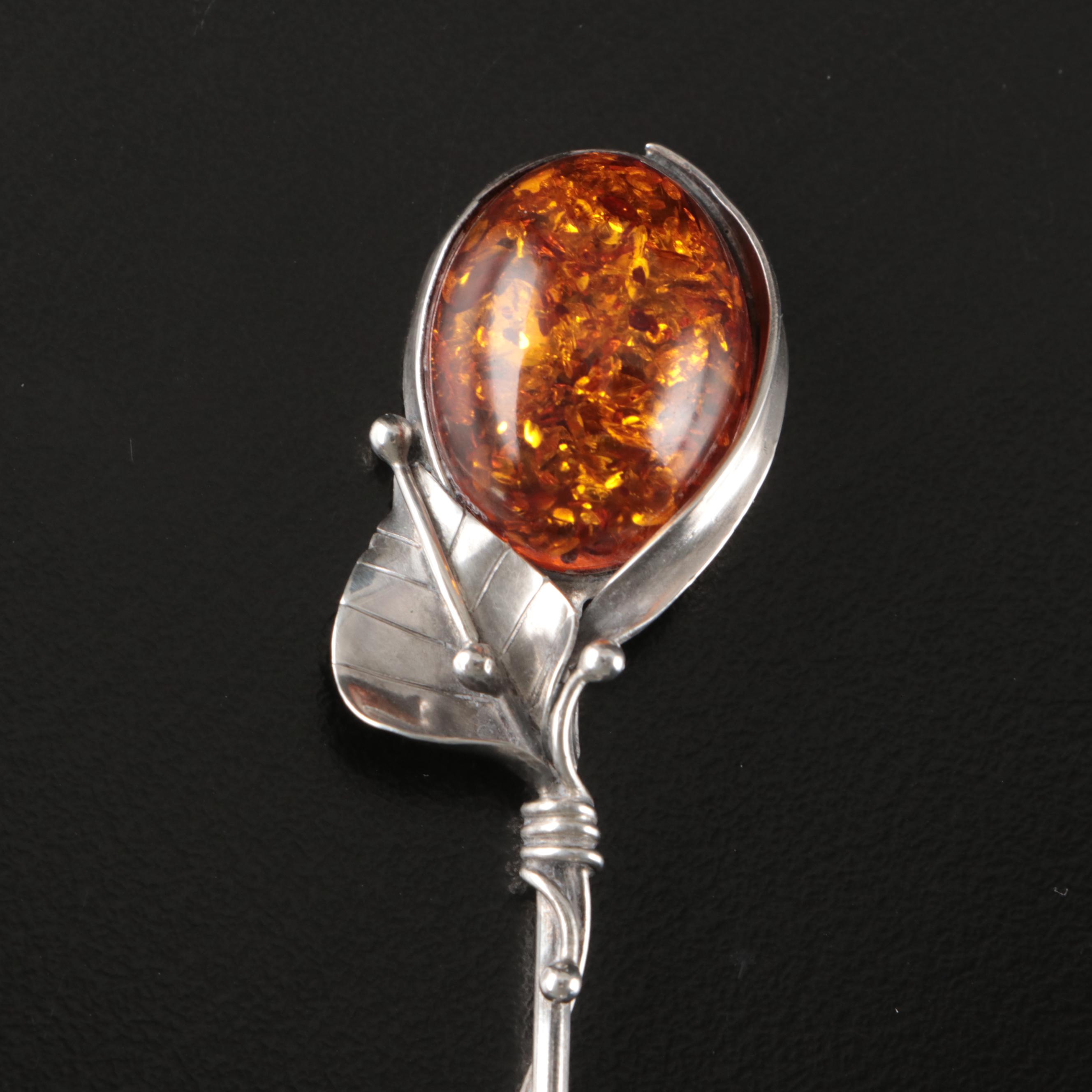 Amber and Sterling Silver Spoons with Twisting Floral Stems