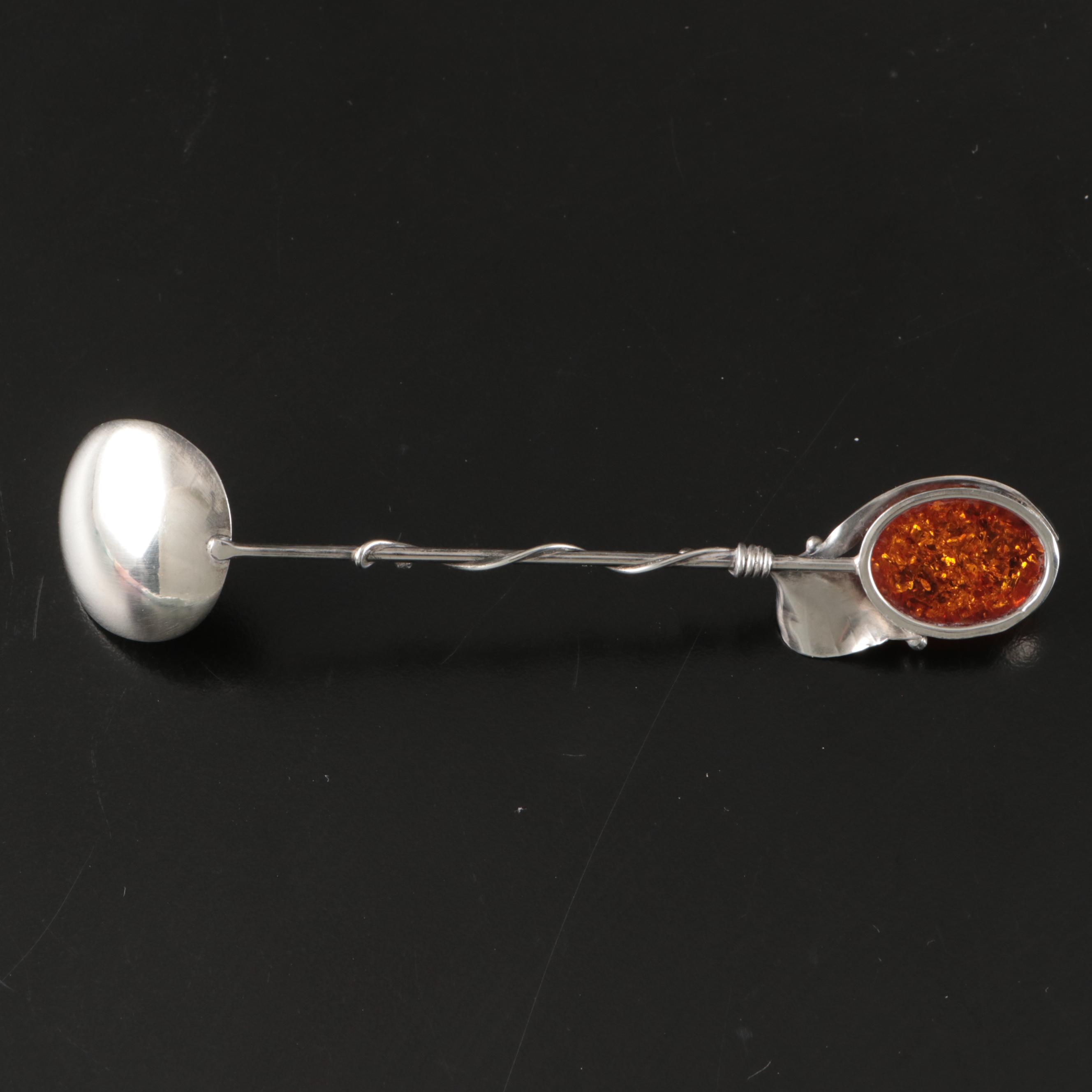 Amber and Sterling Silver Spoons with Twisting Floral Stems