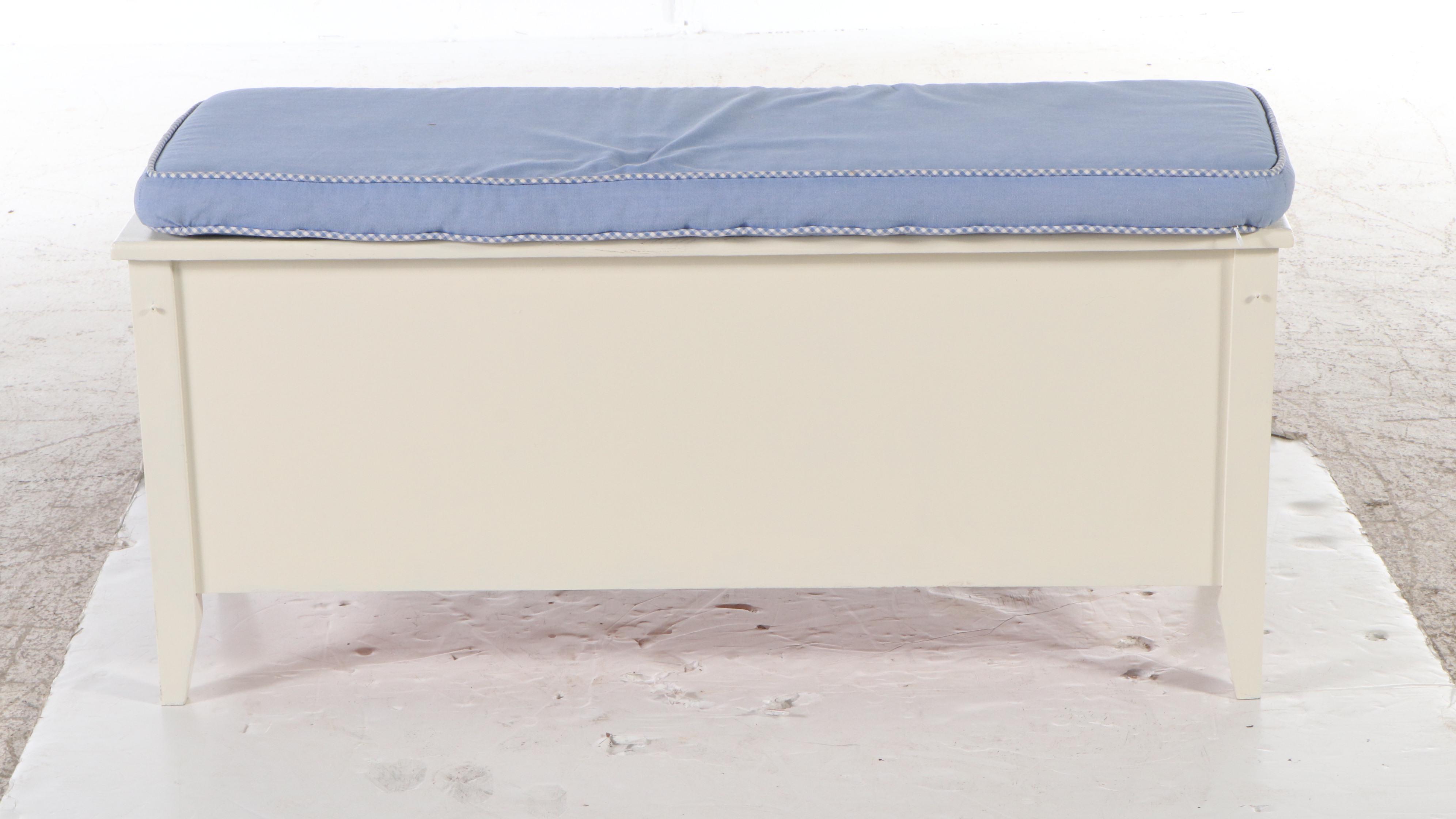 Contemporary White Painted Wood Bench with Cushion