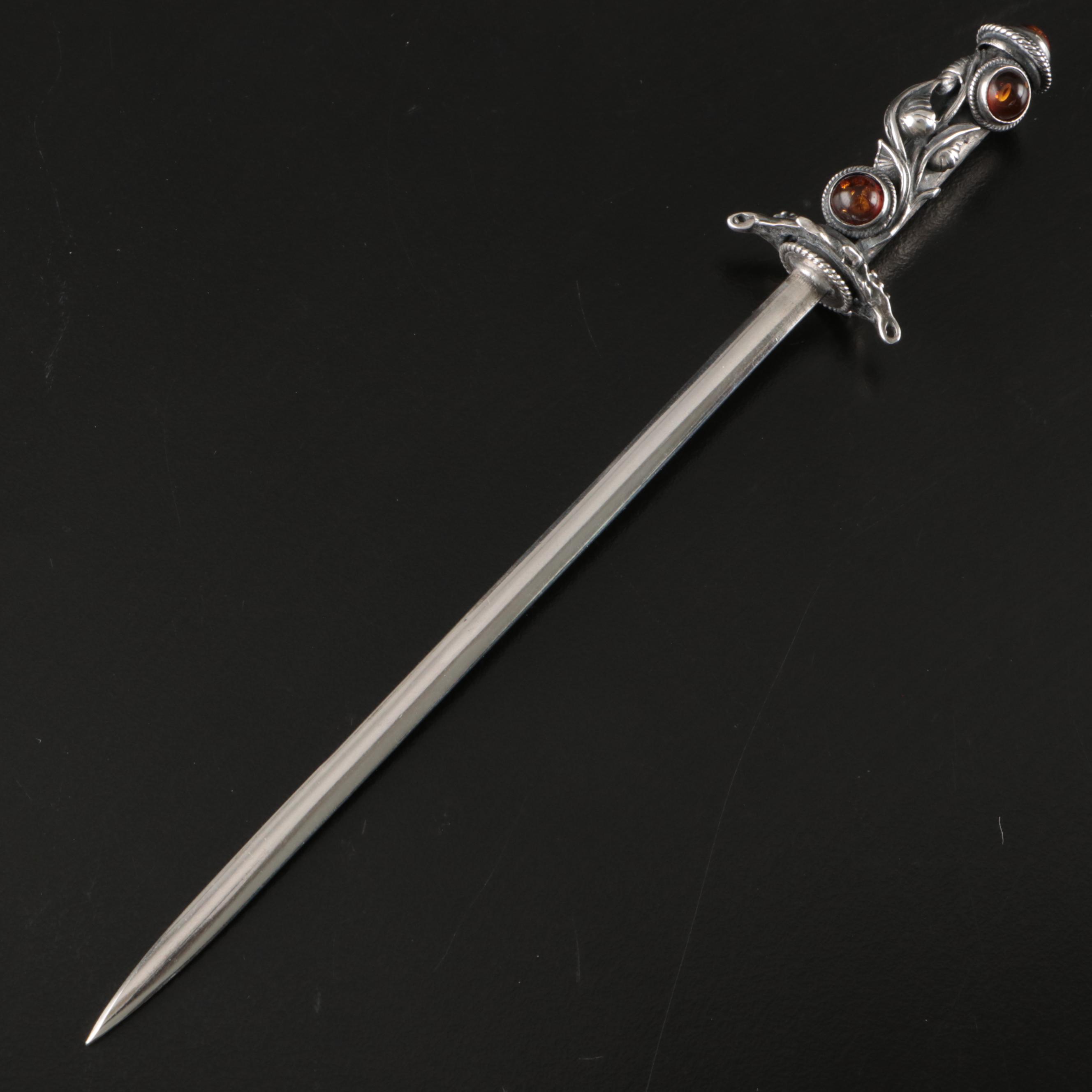 Art Nouveau Sterling with Spangled Amber Cabochons Letter Opener