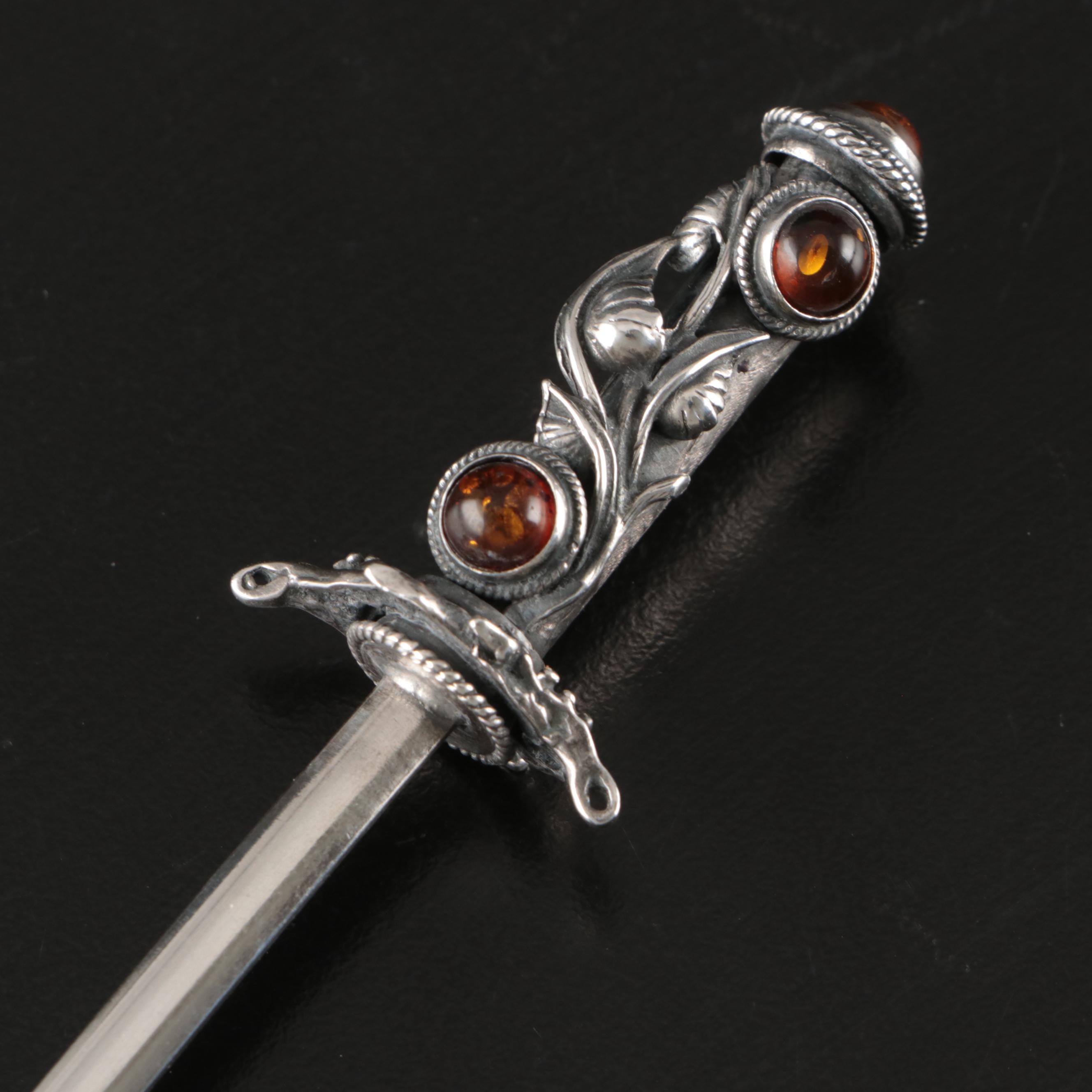 Art Nouveau Sterling with Spangled Amber Cabochons Letter Opener