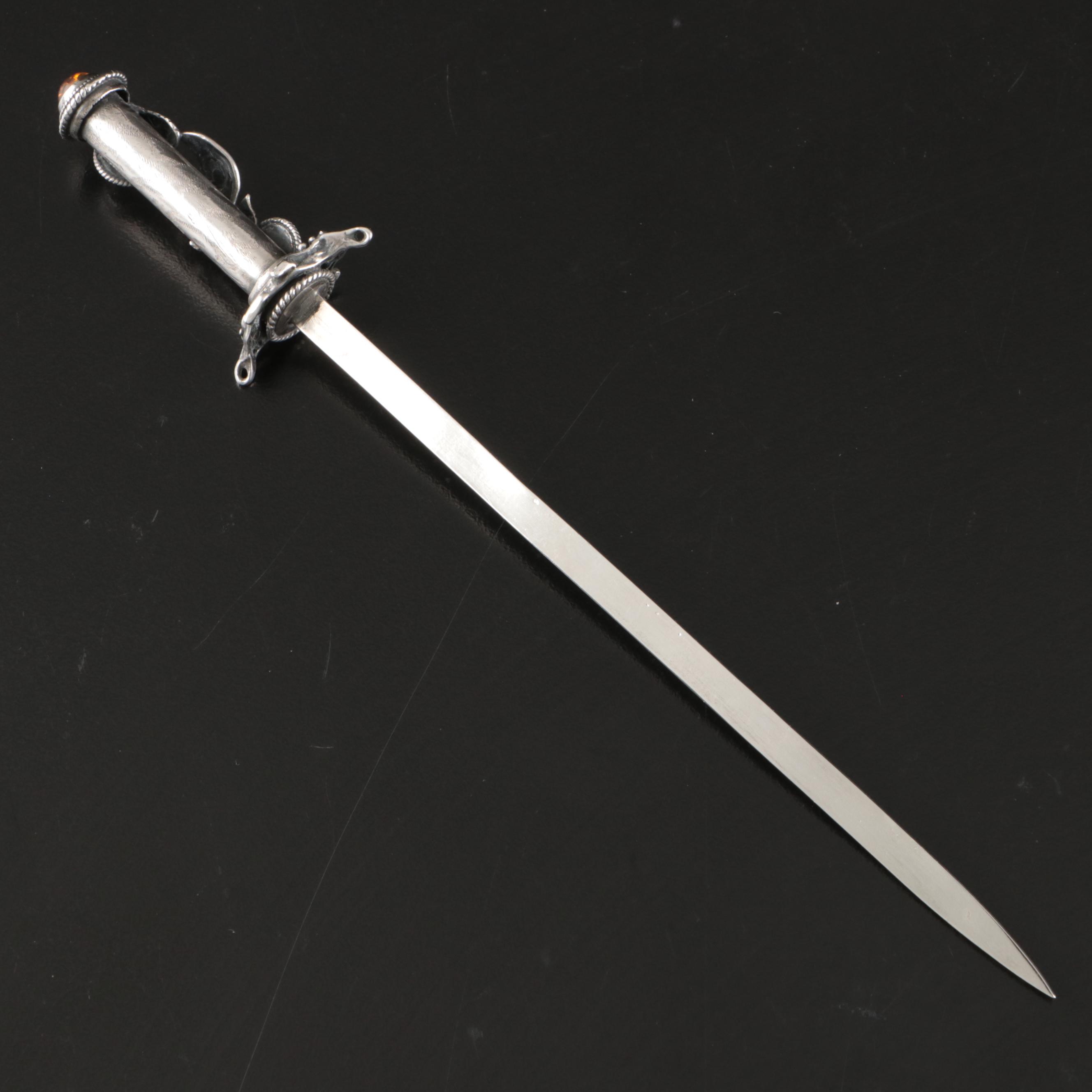 Art Nouveau Sterling with Spangled Amber Cabochons Letter Opener