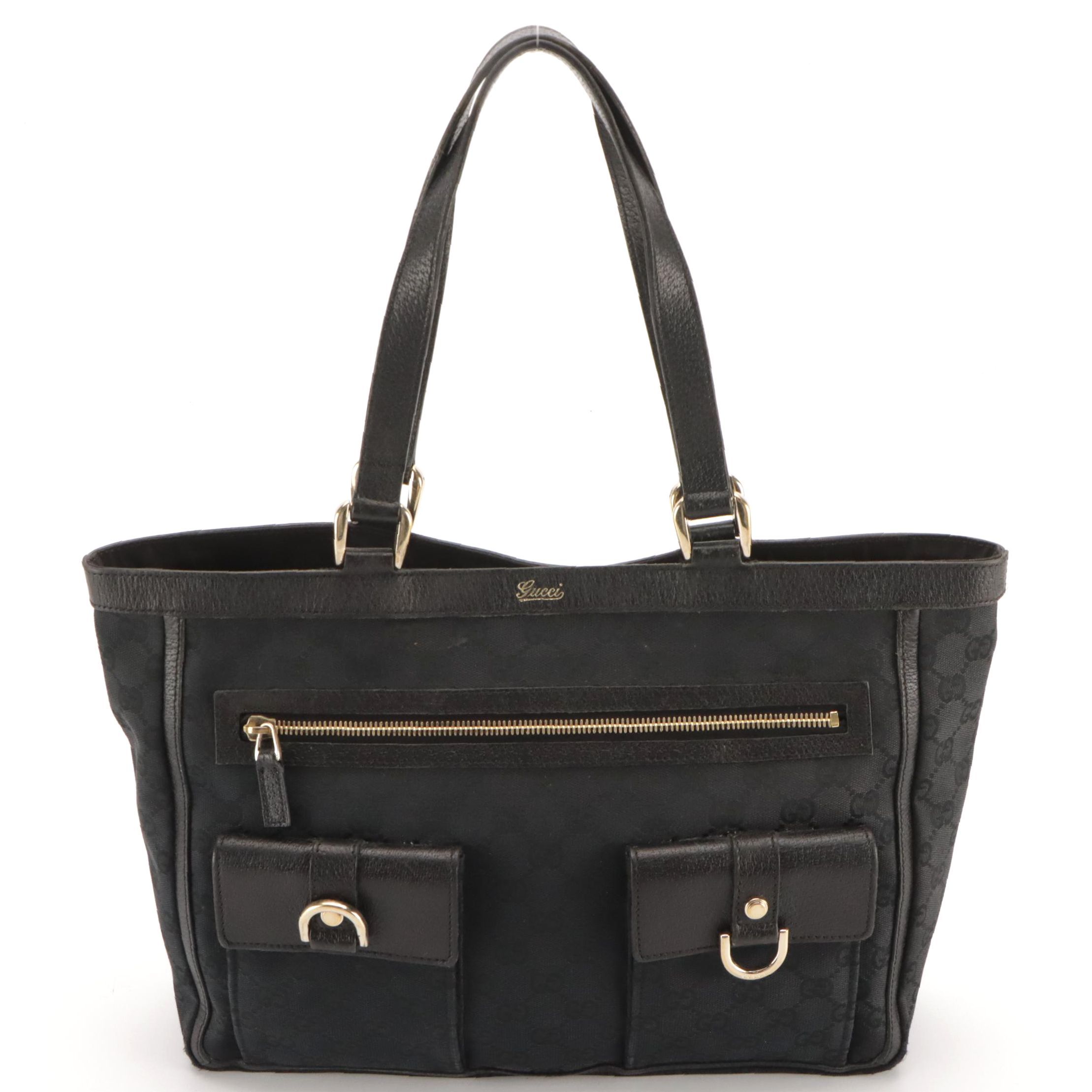 Gucci Abbey D-Ring Double Pocket Tote in Black GG Canvas and Leather Trim