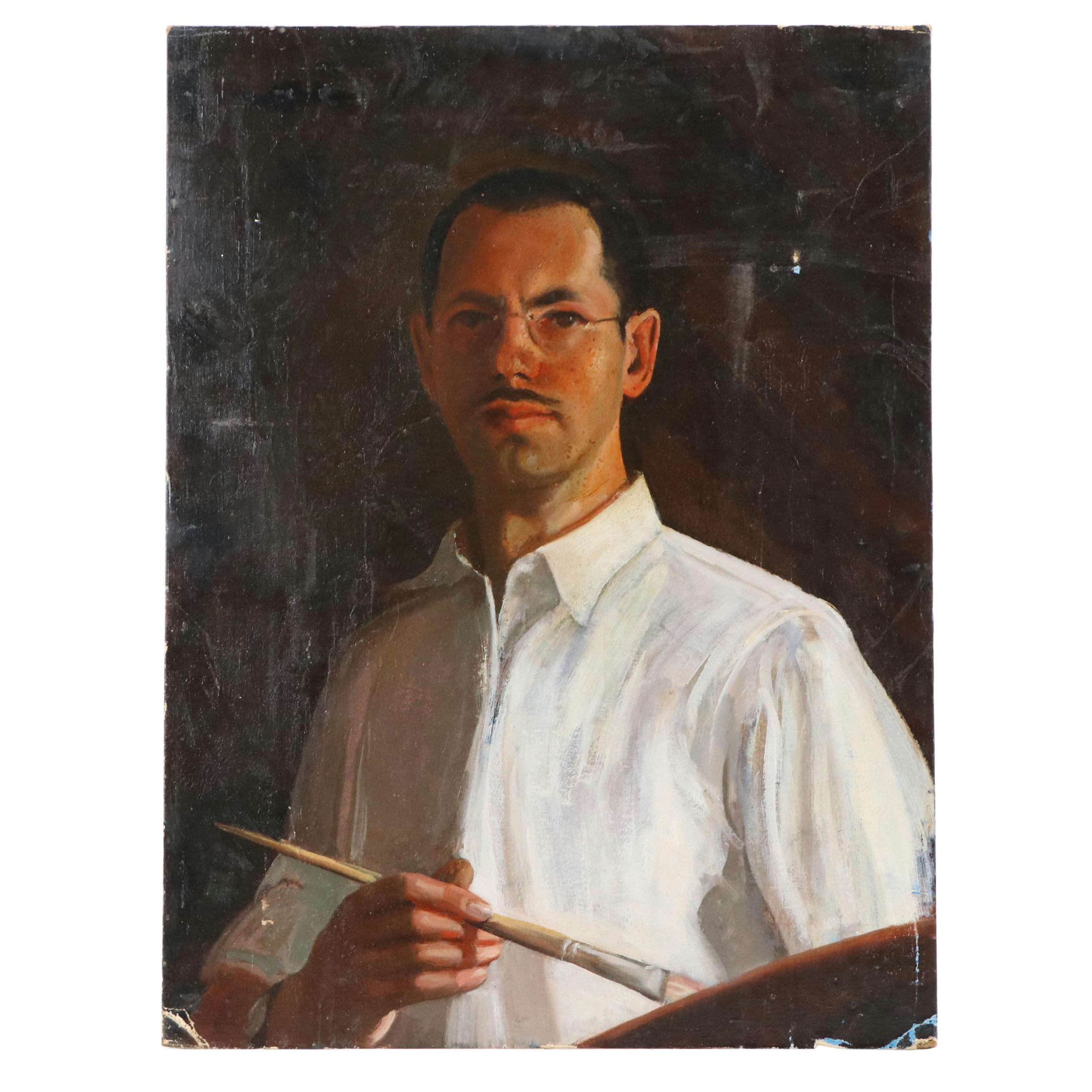 Oil Painting of Bespectacled Man's Self-Portrait