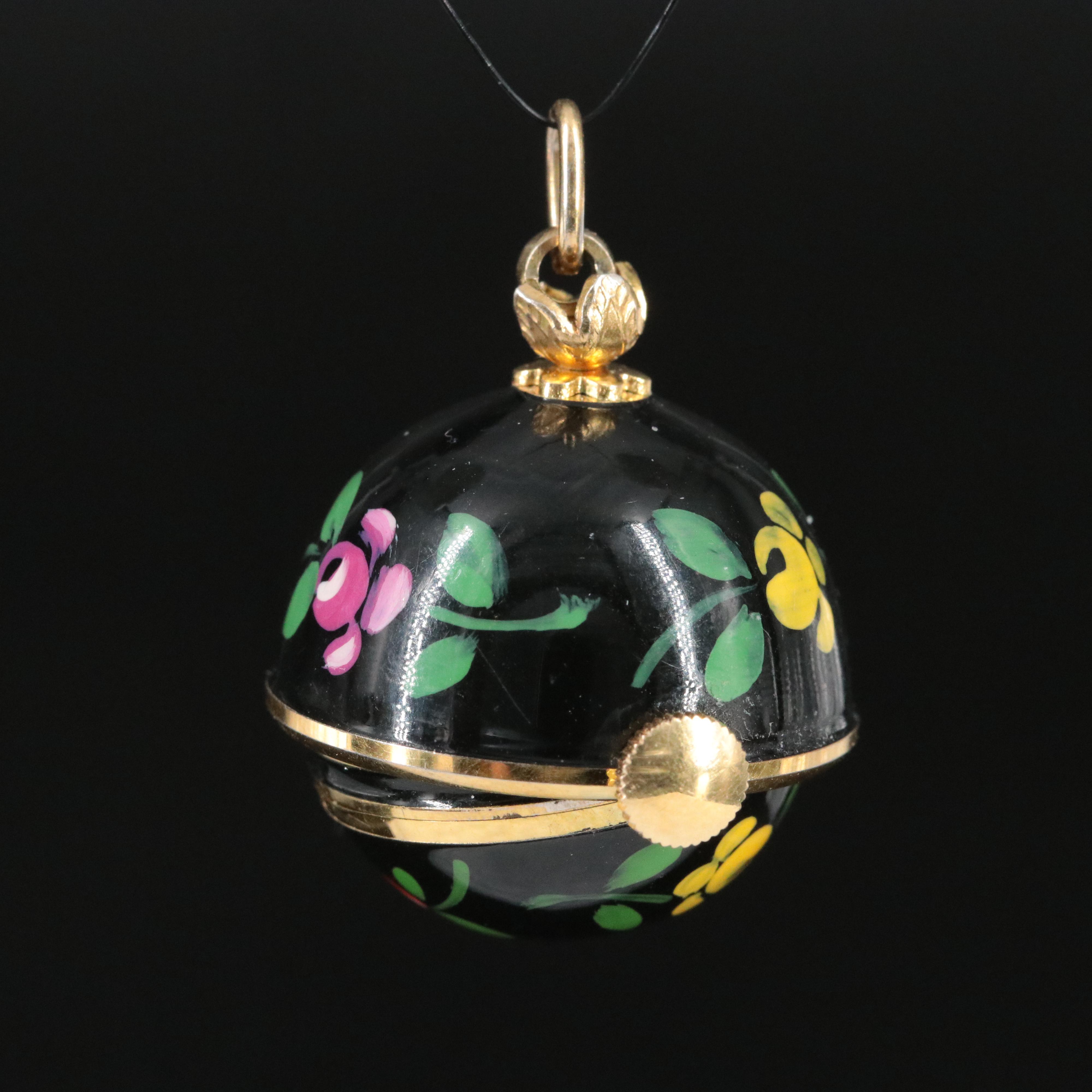 Bucherer Black Enamel Floral Design Ball Pendant Watch