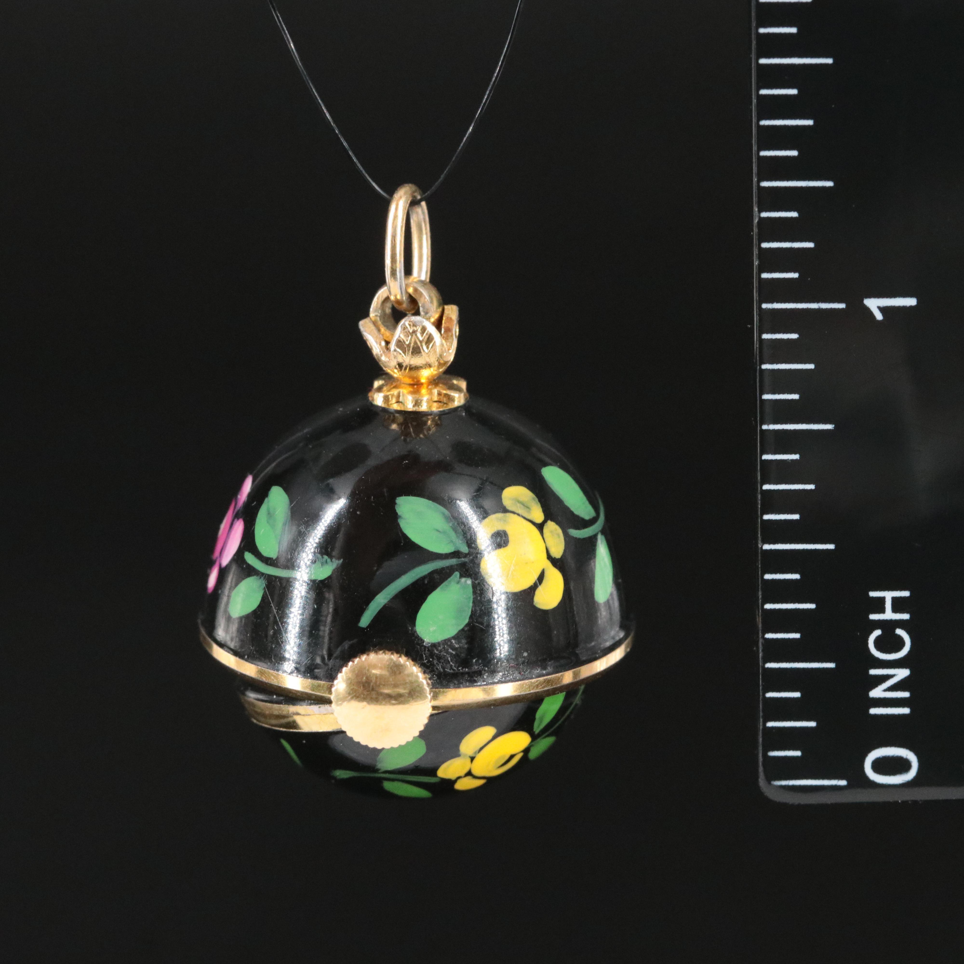 Bucherer Black Enamel Floral Design Ball Pendant Watch