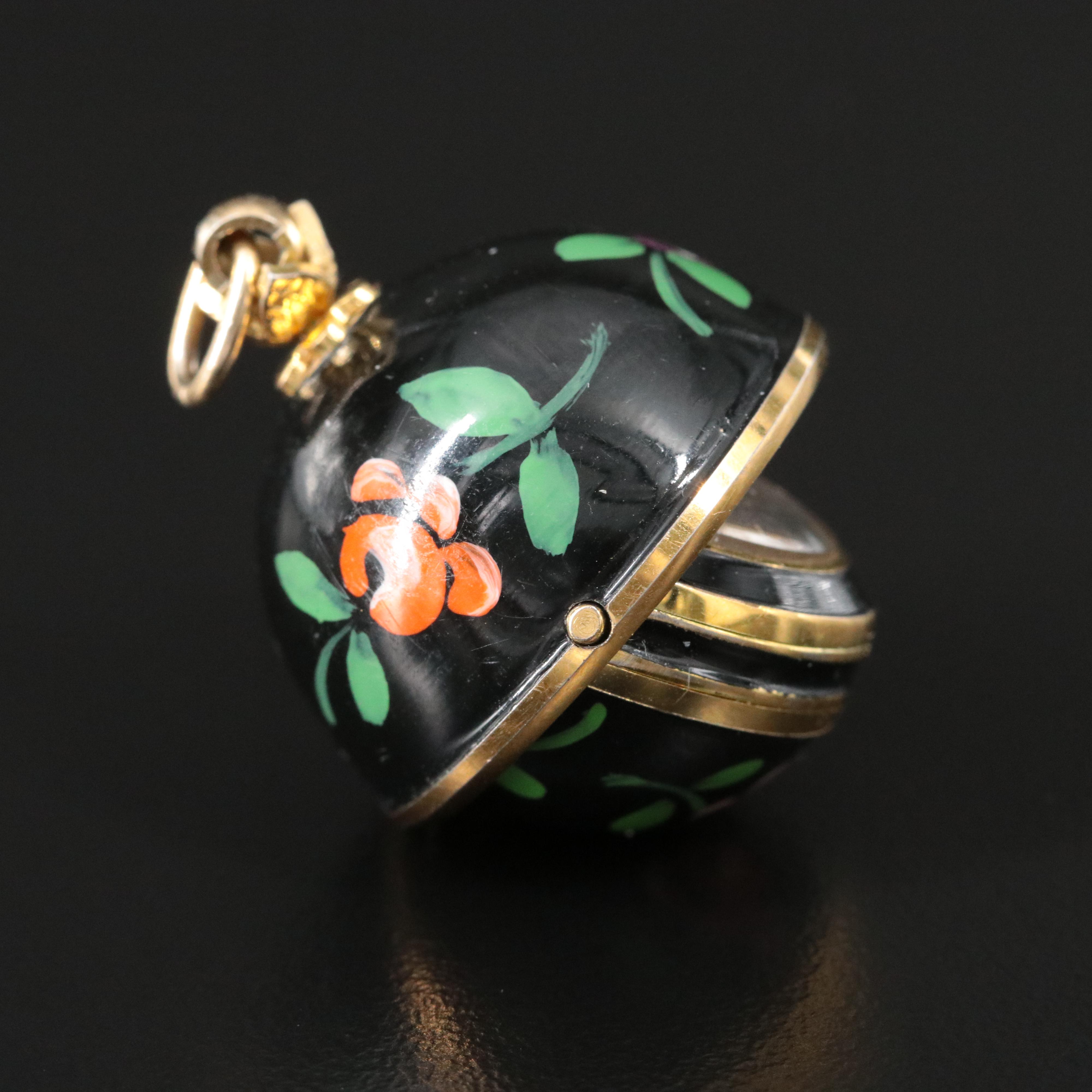 Bucherer Black Enamel Floral Design Ball Pendant Watch