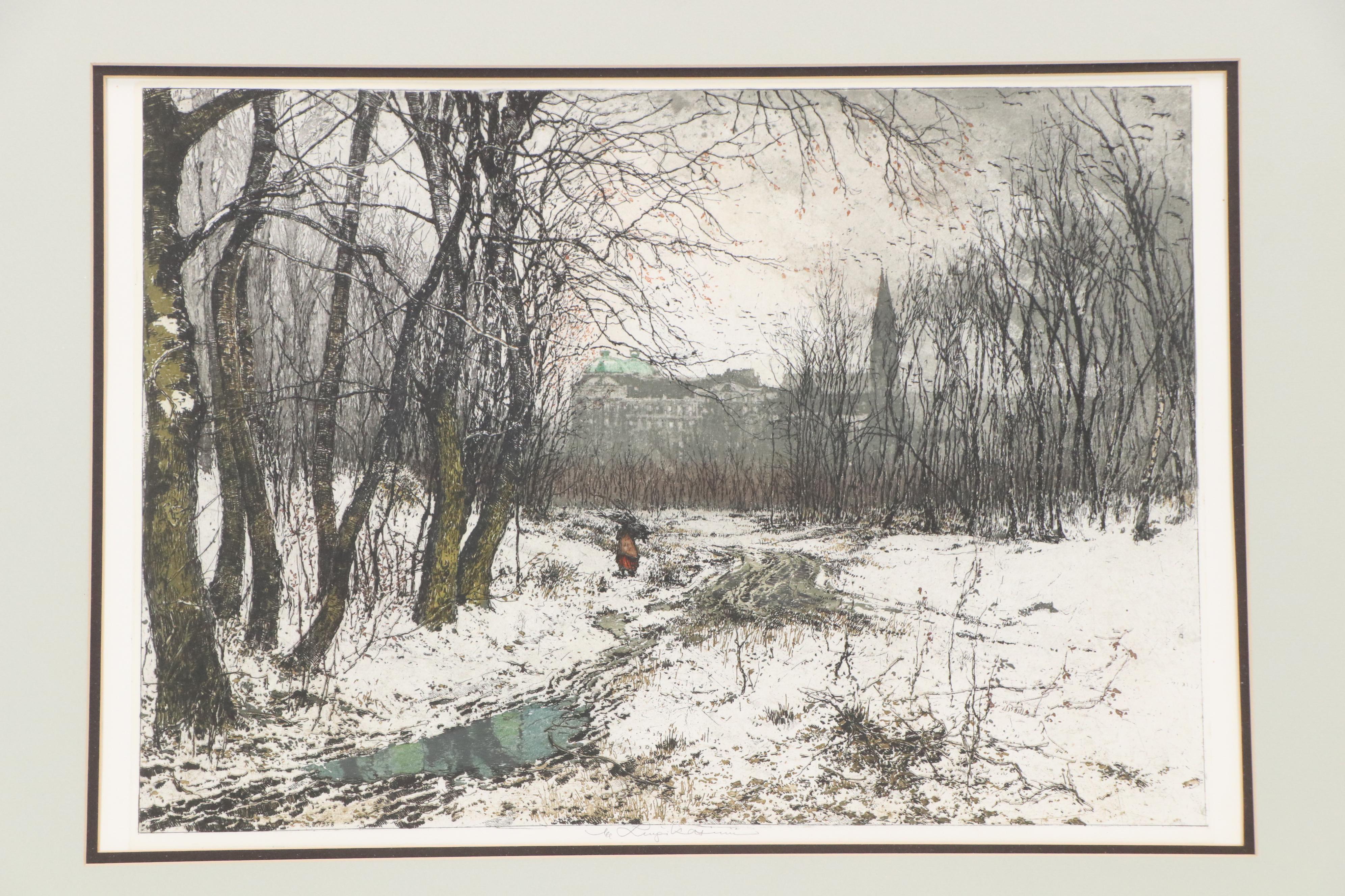 Luigi Kasimir Aquatint Etching "Reisigsammlerin vor dem Stift Klosterneuburg"