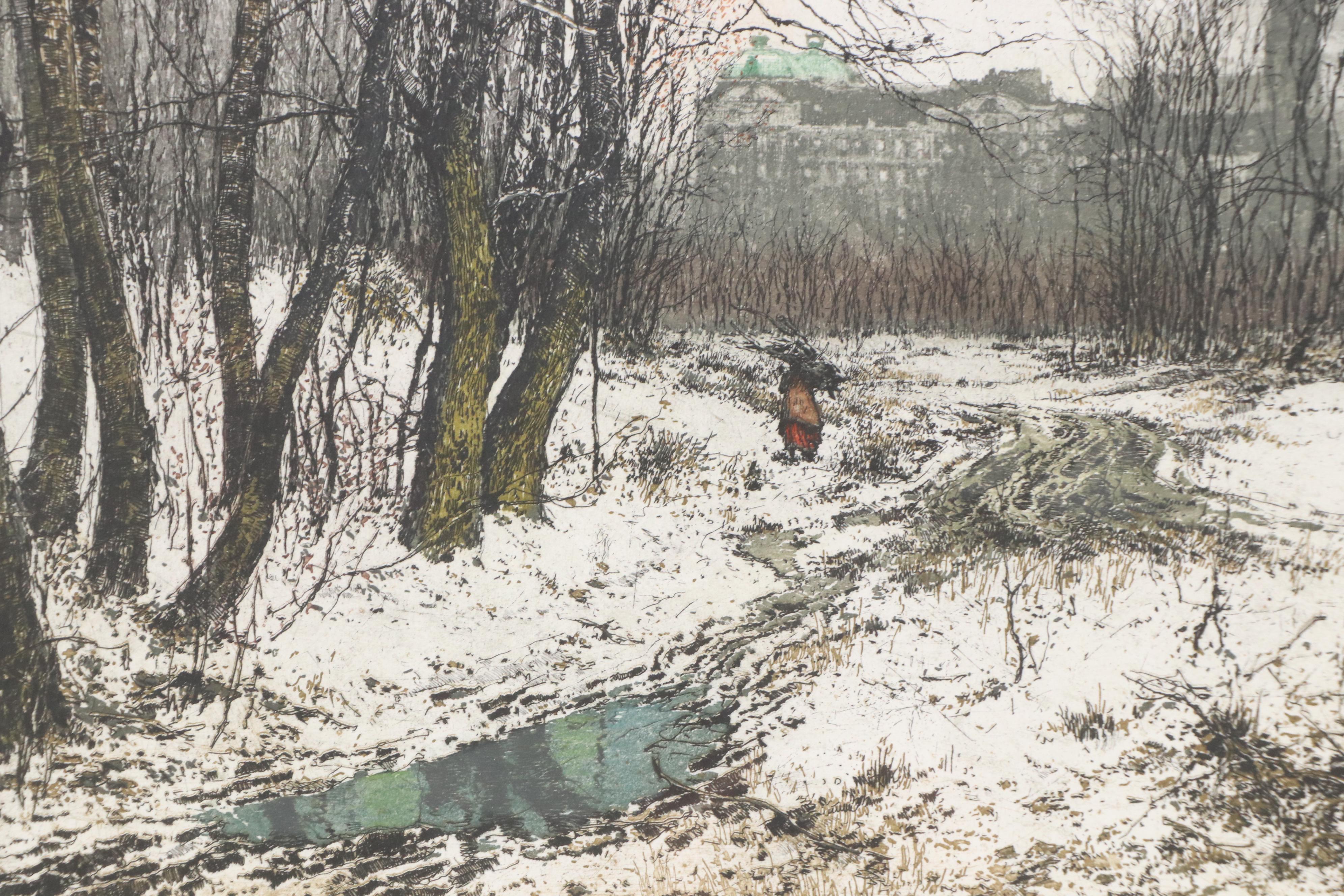 Luigi Kasimir Aquatint Etching "Reisigsammlerin vor dem Stift Klosterneuburg"