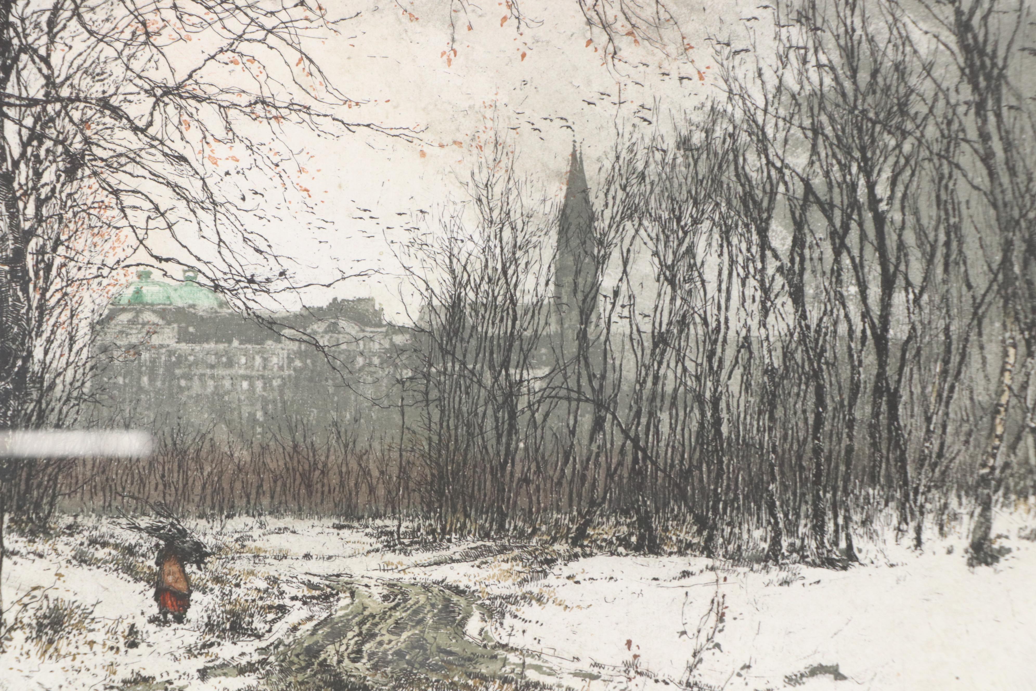 Luigi Kasimir Aquatint Etching "Reisigsammlerin vor dem Stift Klosterneuburg"