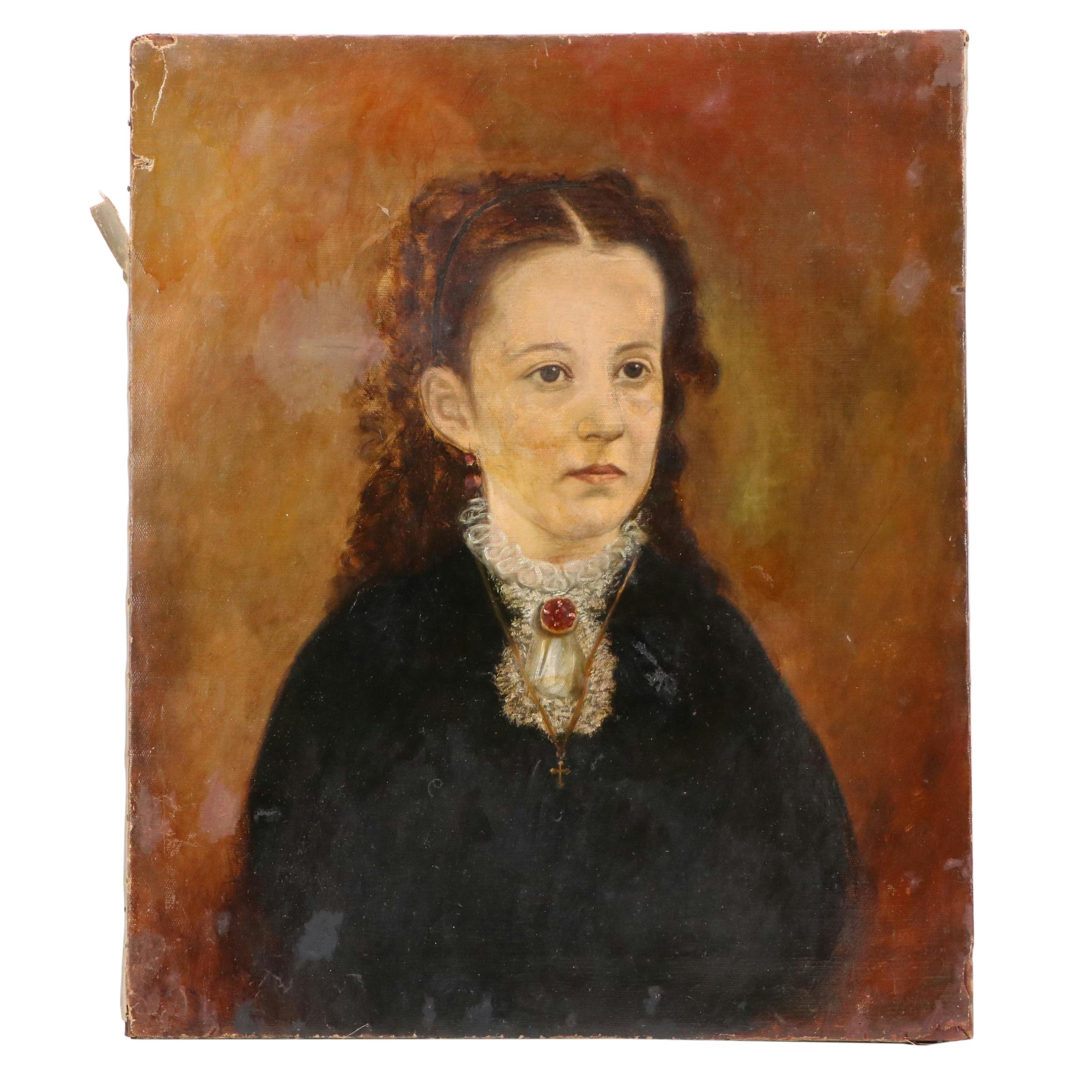 Antique Oil Portrait Painting of Girl, Circa 1900