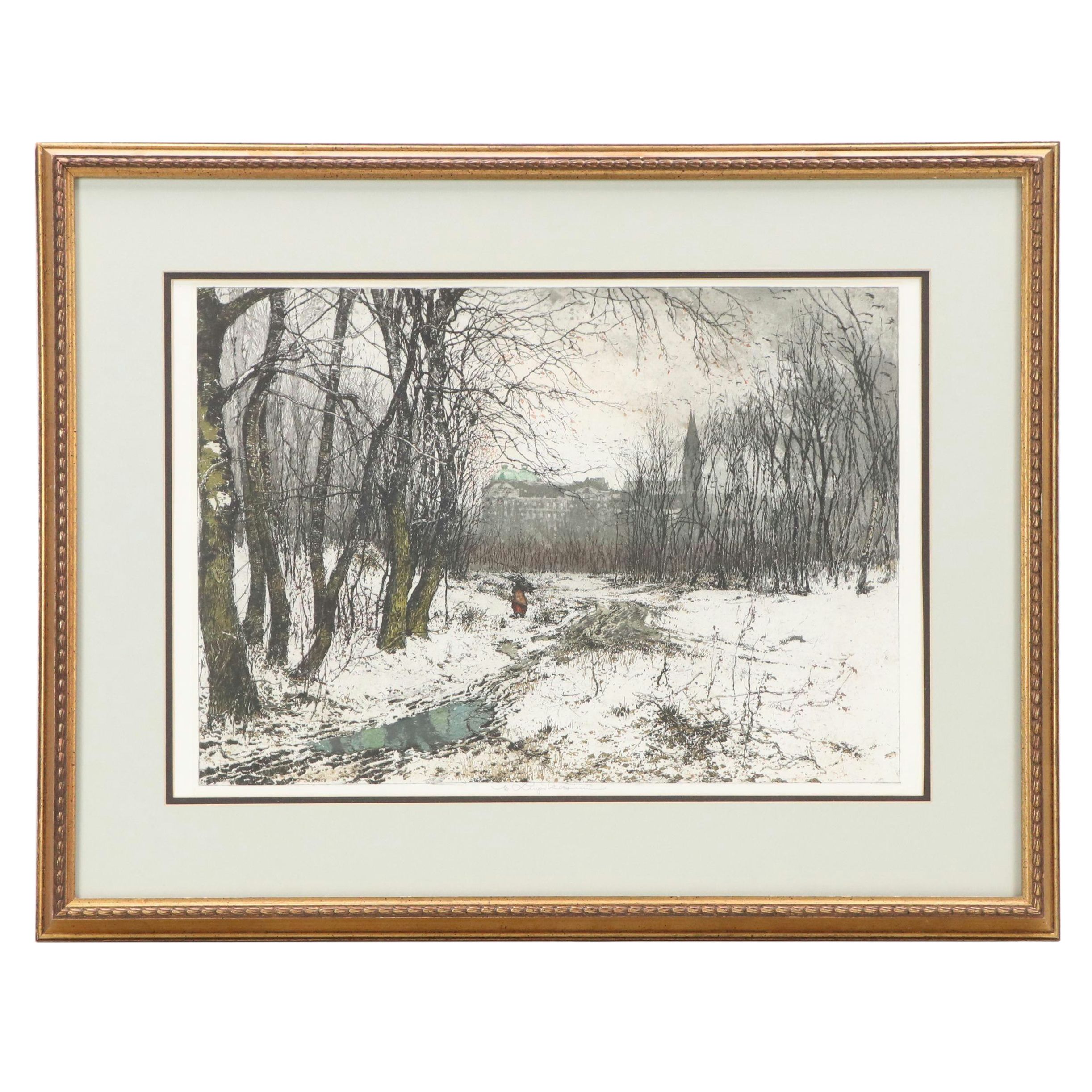 Luigi Kasimir Aquatint Etching "Reisigsammlerin vor dem Stift Klosterneuburg"