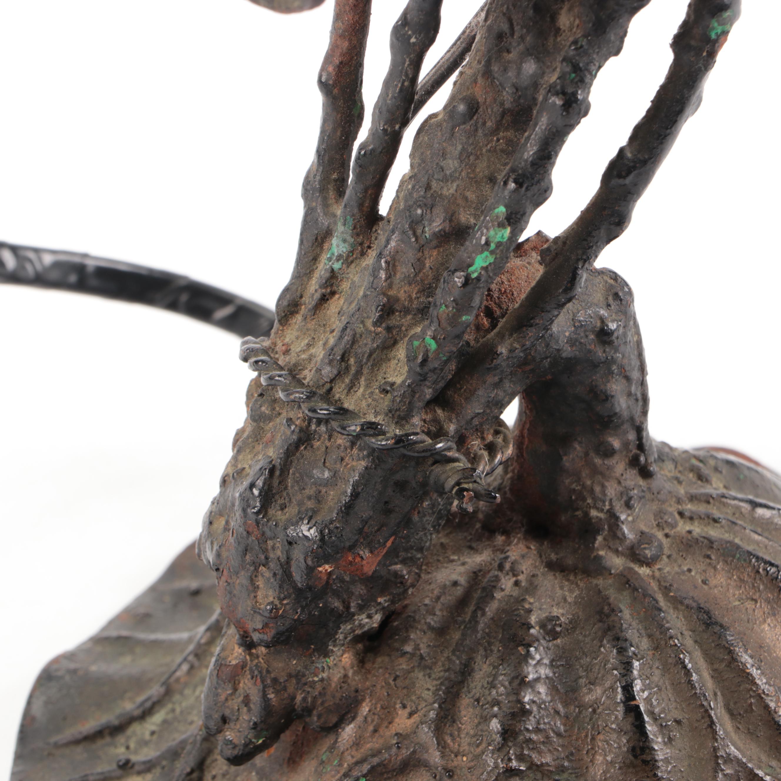 Cast Metal Lotus Plant with Buds and Leaves Table Lamp, Glossy Paper Shade