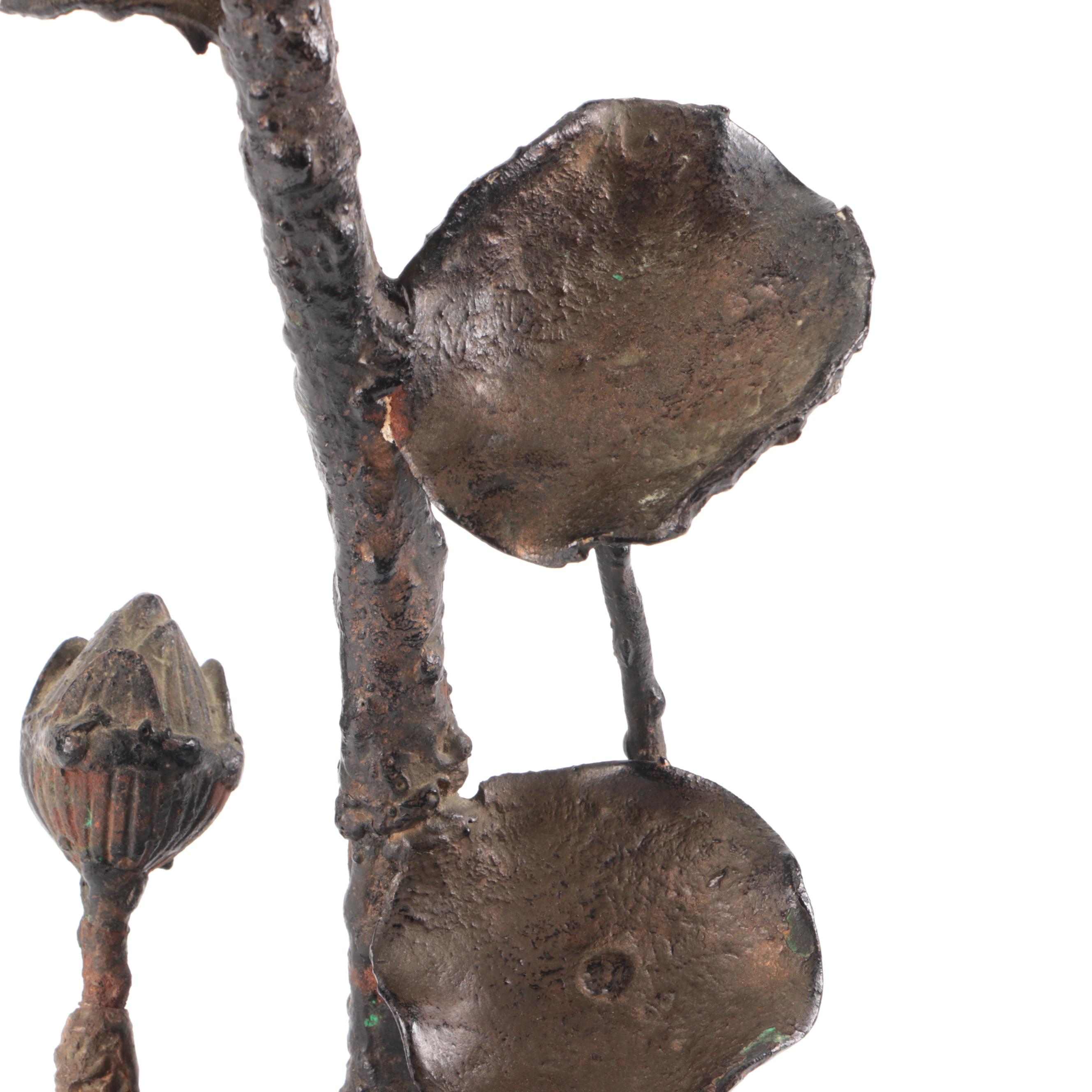 Cast Metal Lotus Plant with Buds and Leaves Table Lamp, Glossy Paper Shade