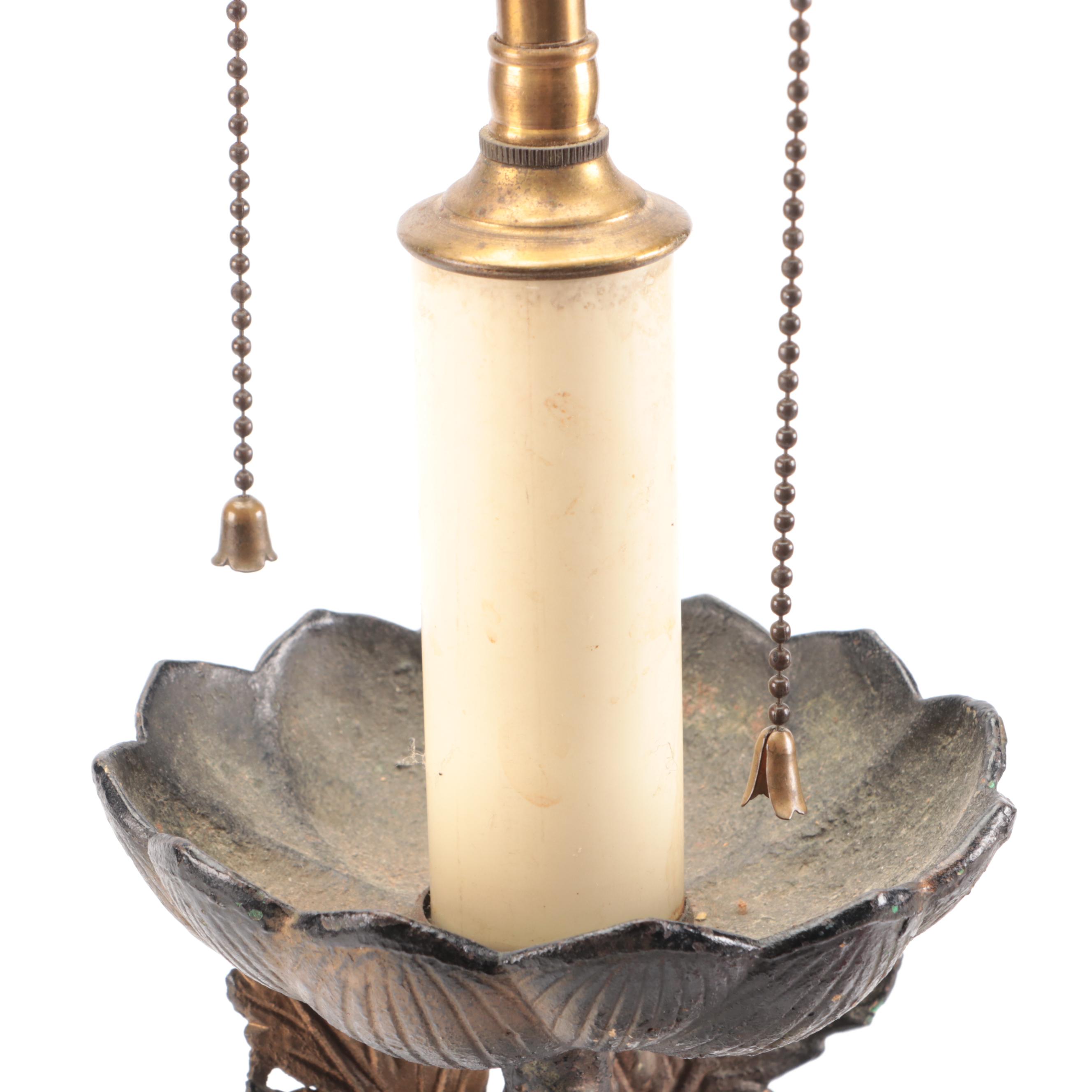 Cast Metal Lotus Plant with Buds and Leaves Table Lamp, Glossy Paper Shade