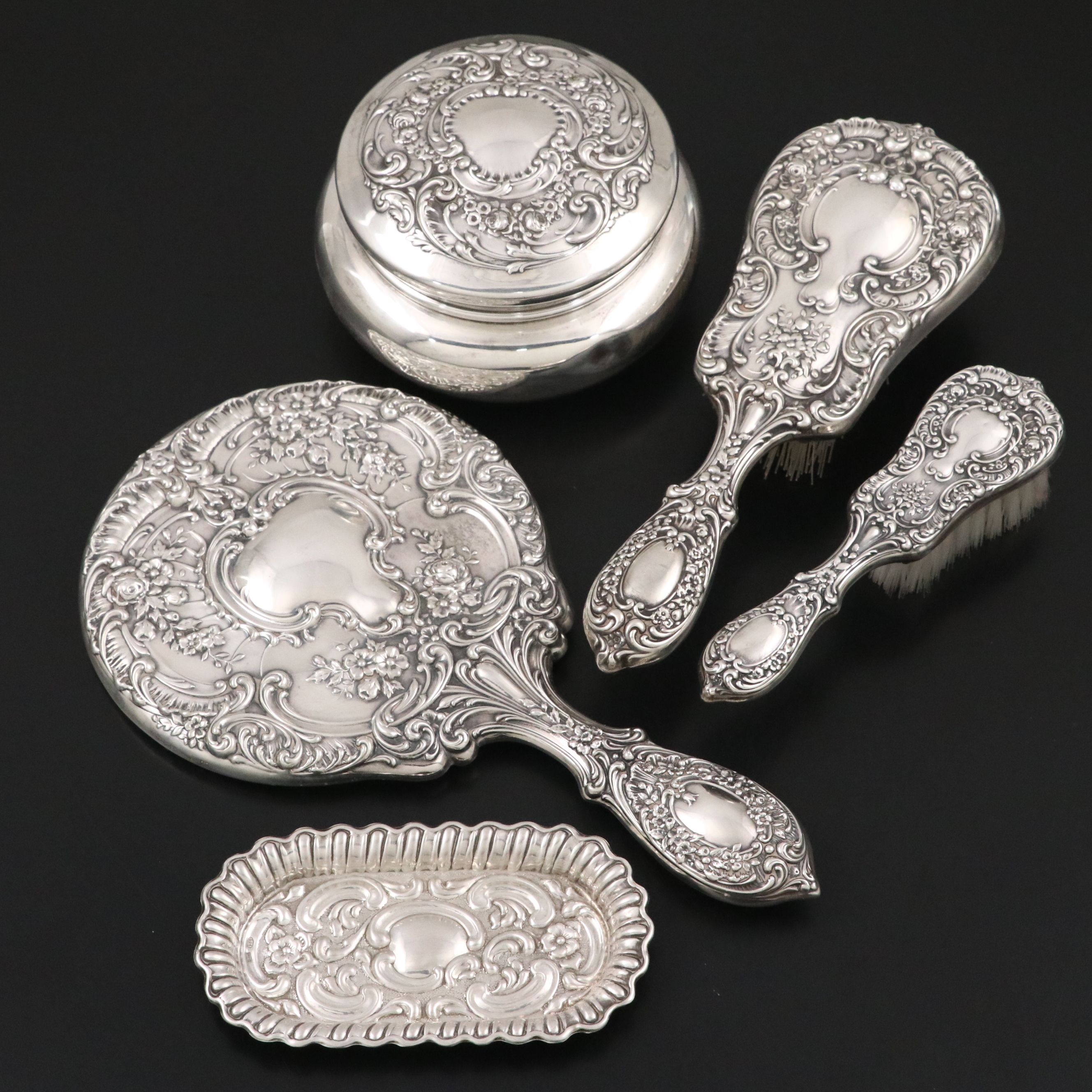 Gorham Sterling Silver Vanity Set with Italian Sterling Pin Dish, Late 20th C.