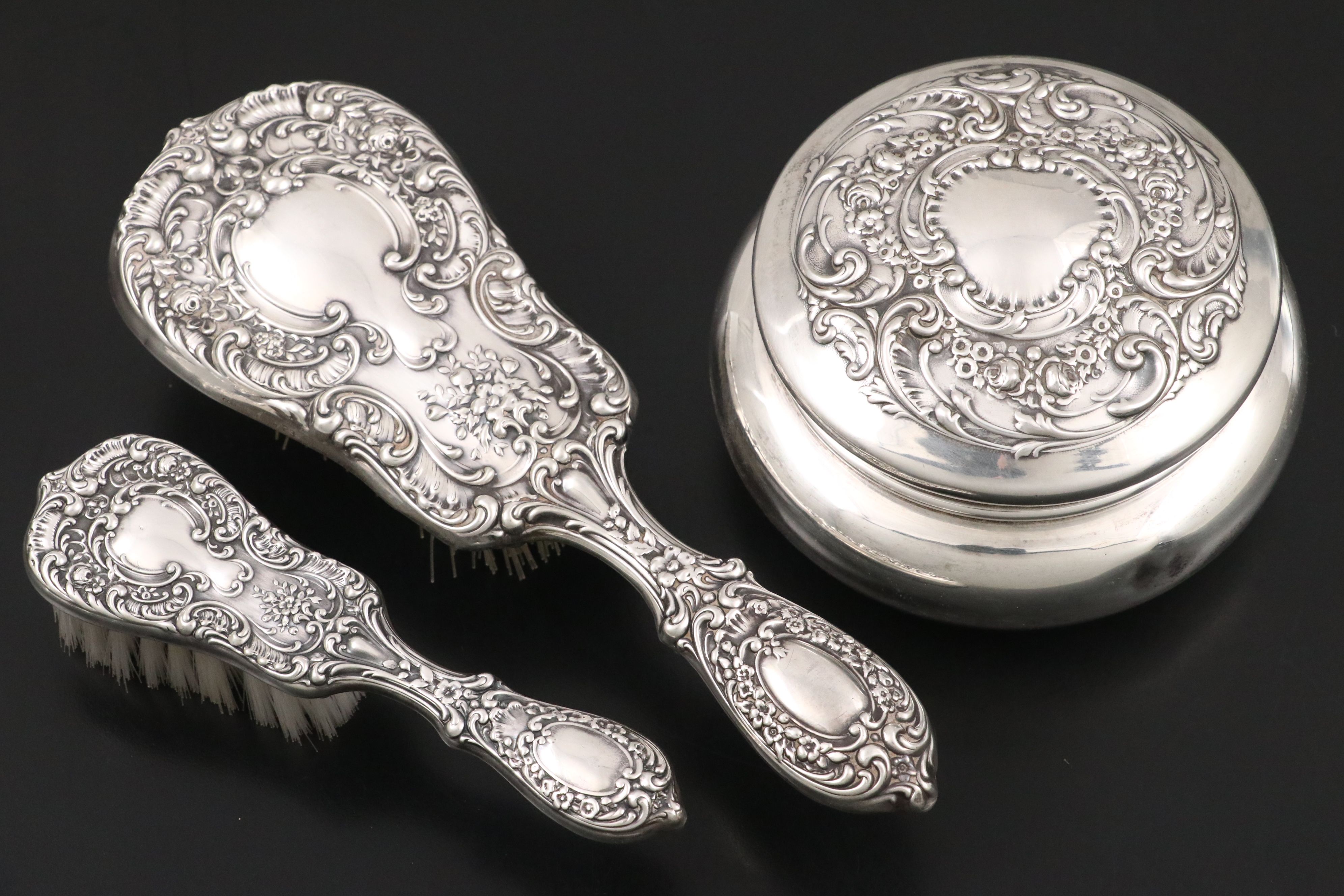 Gorham Sterling Silver Vanity Set with Italian Sterling Pin Dish, Late 20th C.