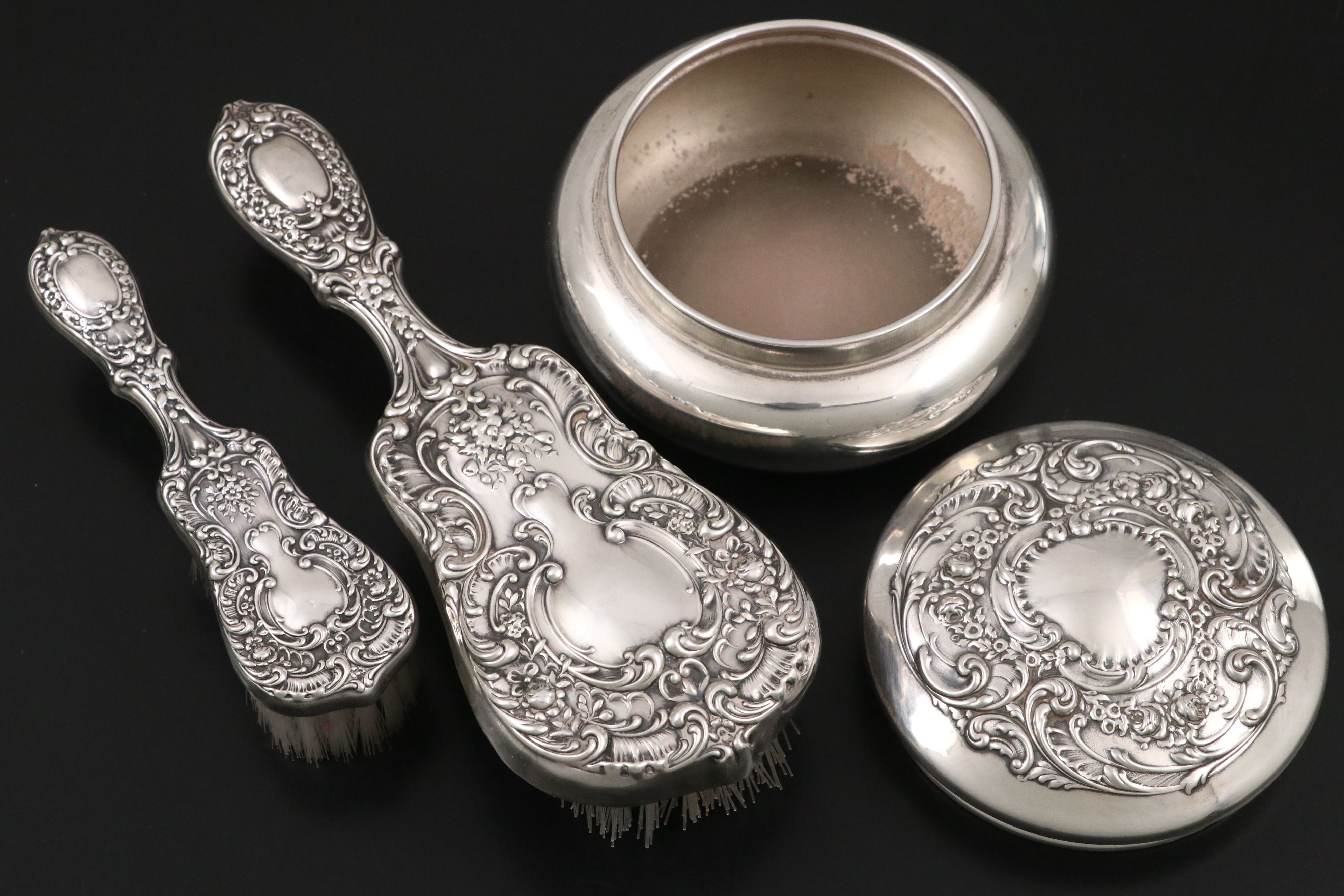 Gorham Sterling Silver Vanity Set with Italian Sterling Pin Dish, Late 20th C.