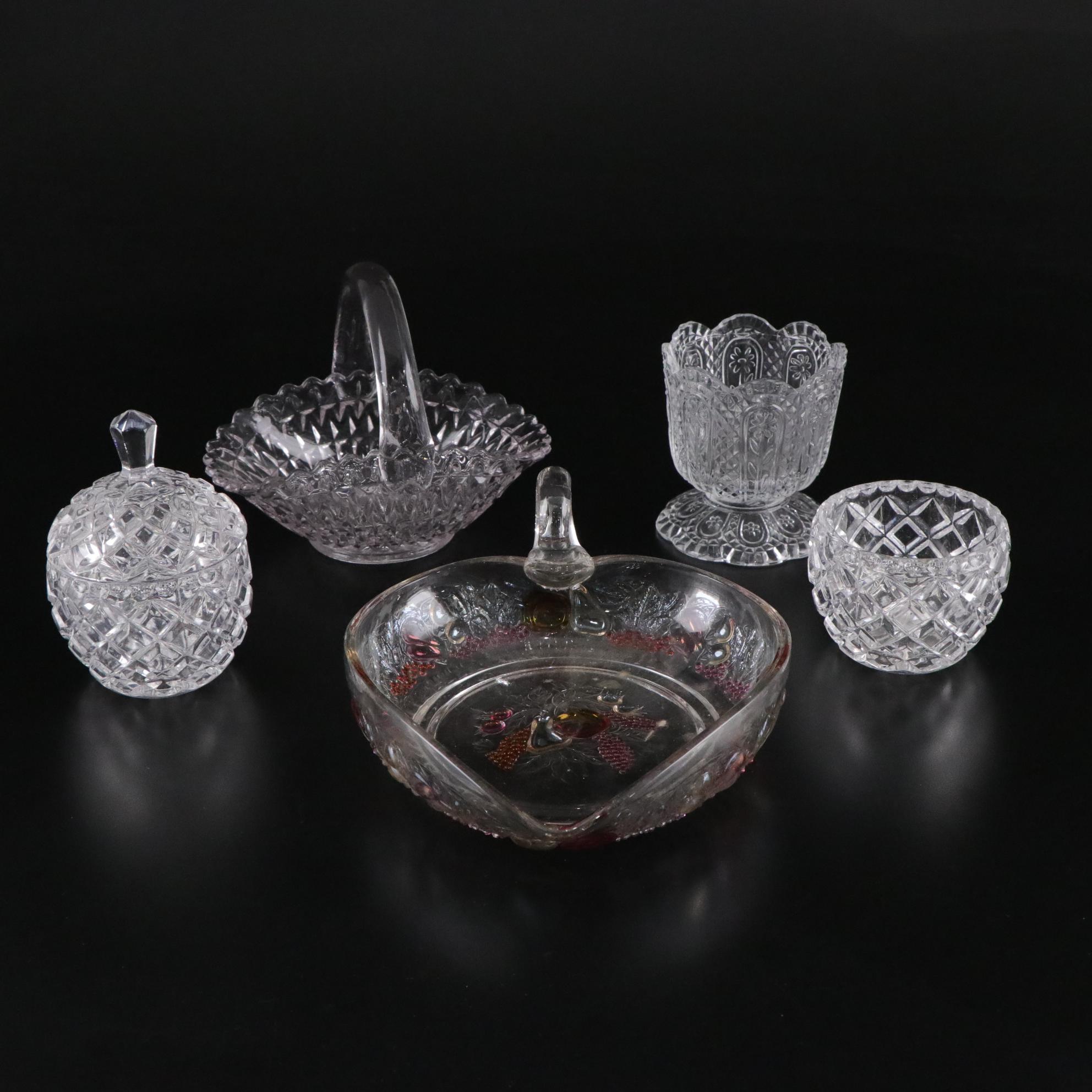 Westmoreland "Della Robbia" Nappy with Avon and Other Pressed Glass Items