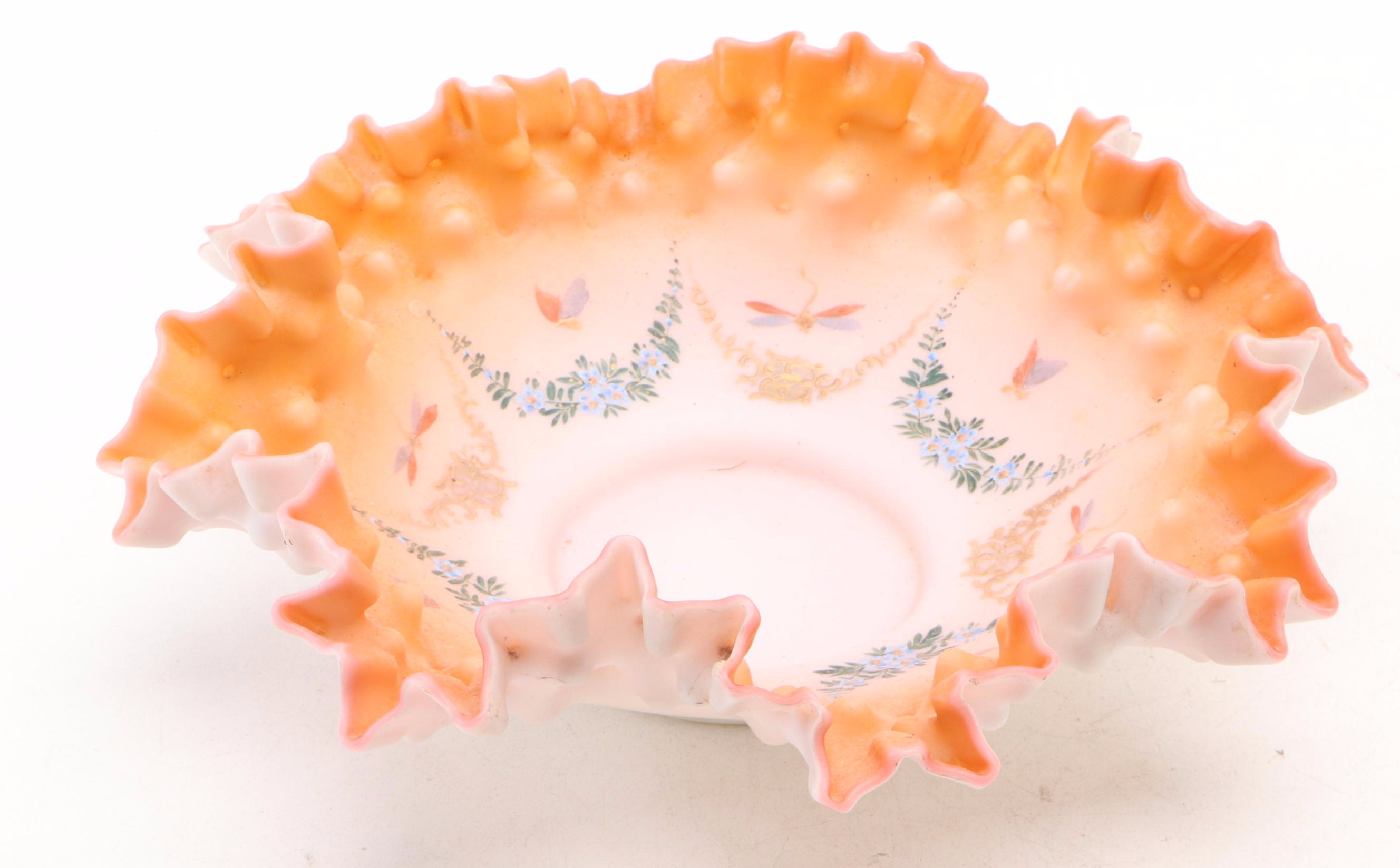 Victorian Hand-Painted Satin Glass Ruffle Rimmed Bowls, Late 19th/ Early 20th C.