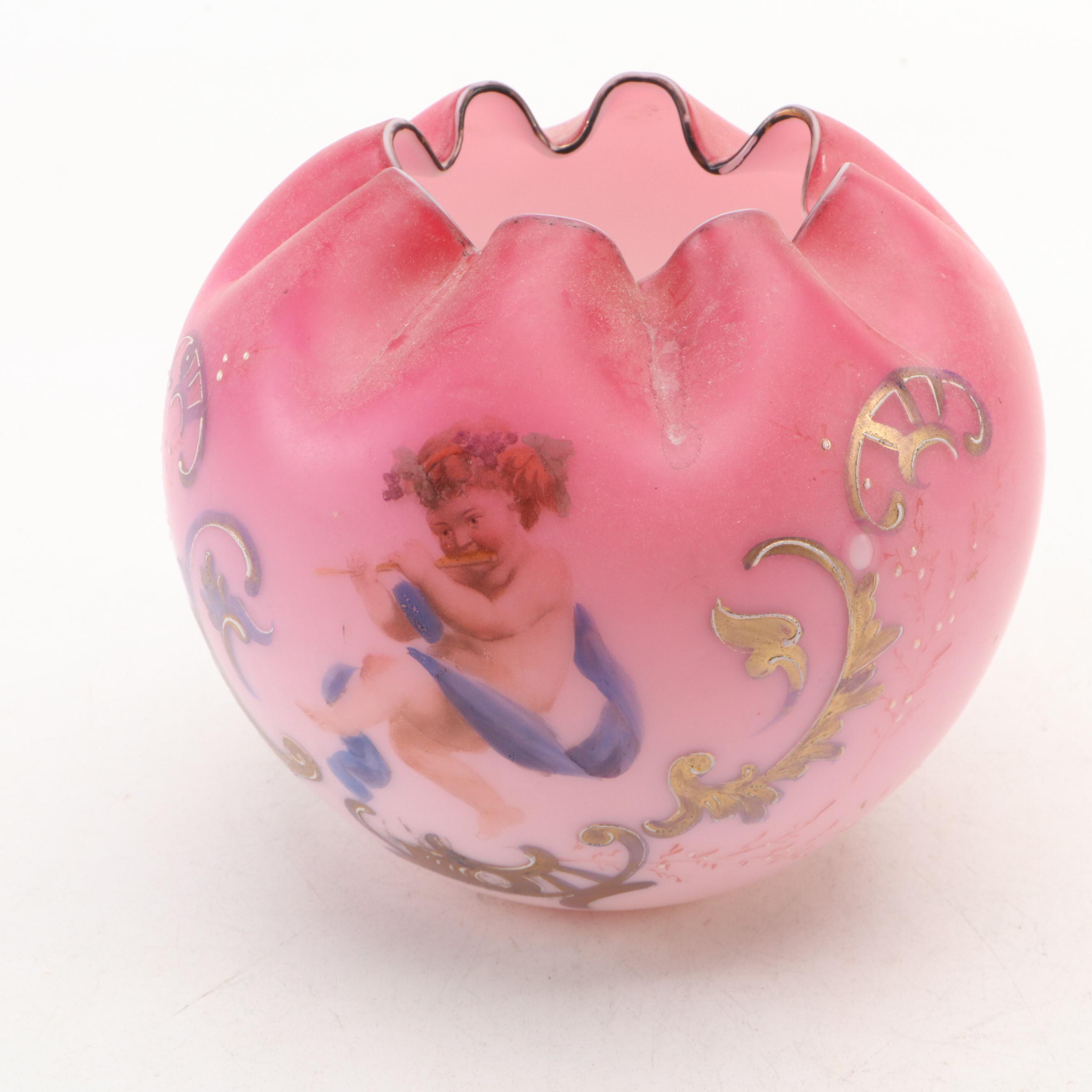 Victorian Hand-Painted Satin Glass Ruffle Rimmed Bowls, Late 19th/ Early 20th C.