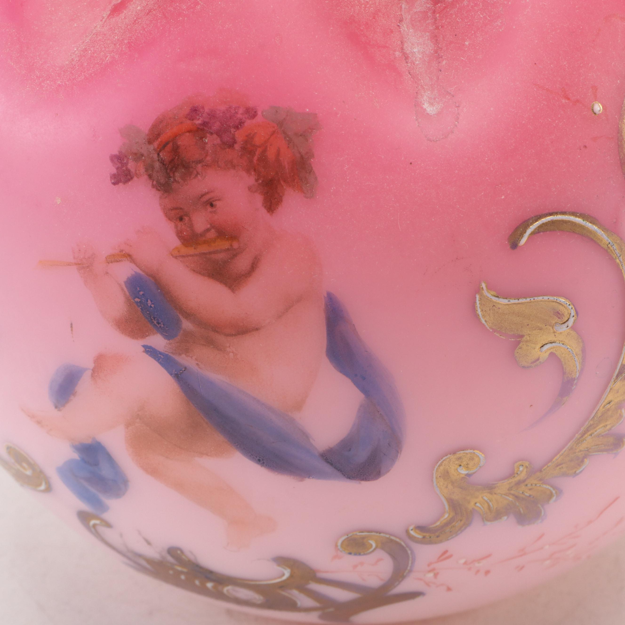 Victorian Hand-Painted Satin Glass Ruffle Rimmed Bowls, Late 19th/ Early 20th C.