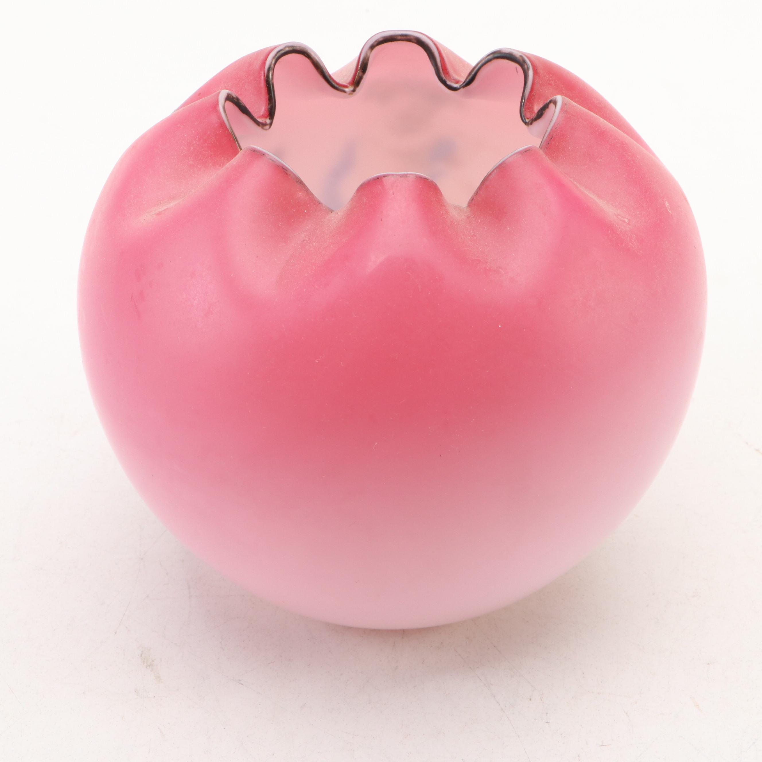 Victorian Hand-Painted Satin Glass Ruffle Rimmed Bowls, Late 19th/ Early 20th C.