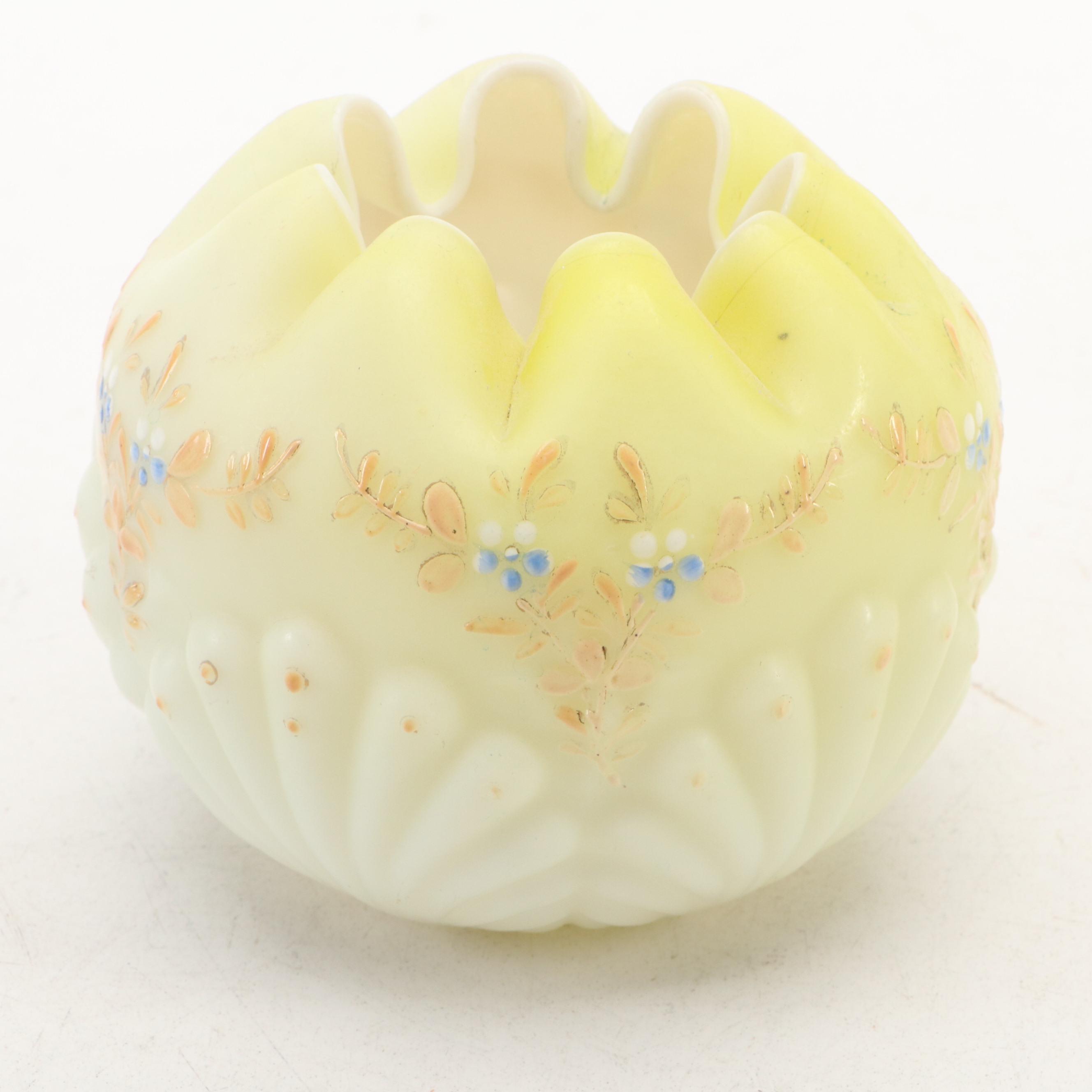 Victorian Hand-Painted Satin Glass Ruffle Rimmed Bowls, Late 19th/ Early 20th C.
