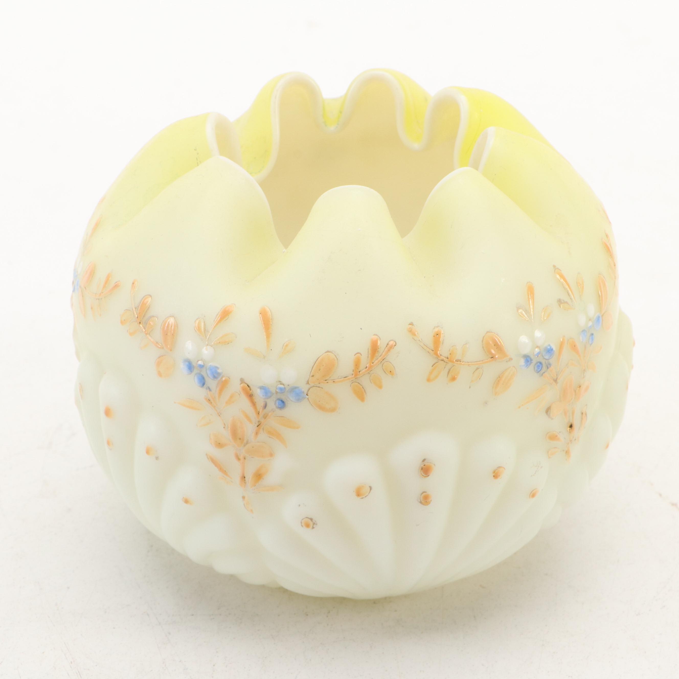 Victorian Hand-Painted Satin Glass Ruffle Rimmed Bowls, Late 19th/ Early 20th C.