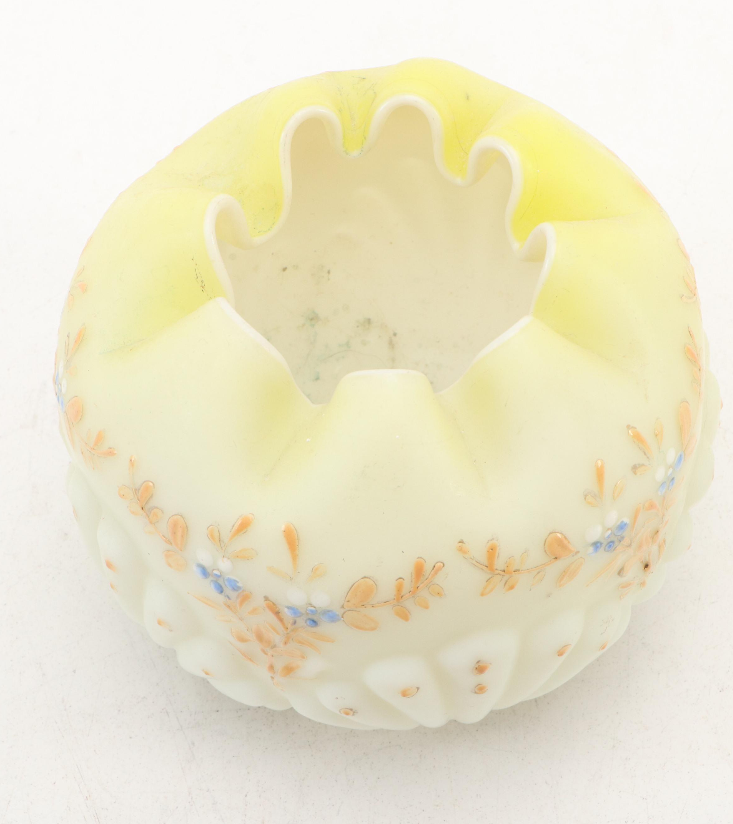 Victorian Hand-Painted Satin Glass Ruffle Rimmed Bowls, Late 19th/ Early 20th C.