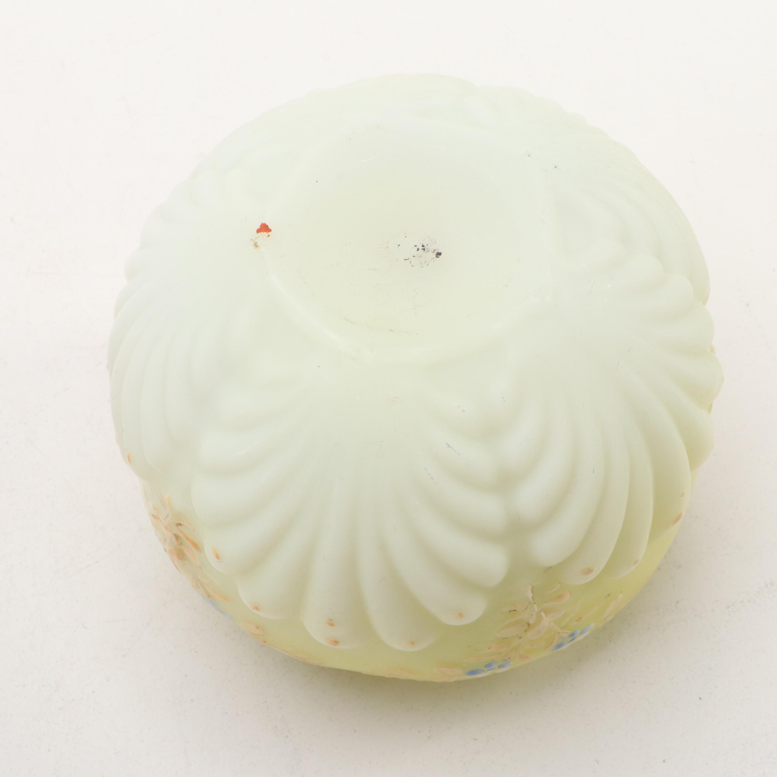 Victorian Hand-Painted Satin Glass Ruffle Rimmed Bowls, Late 19th/ Early 20th C.