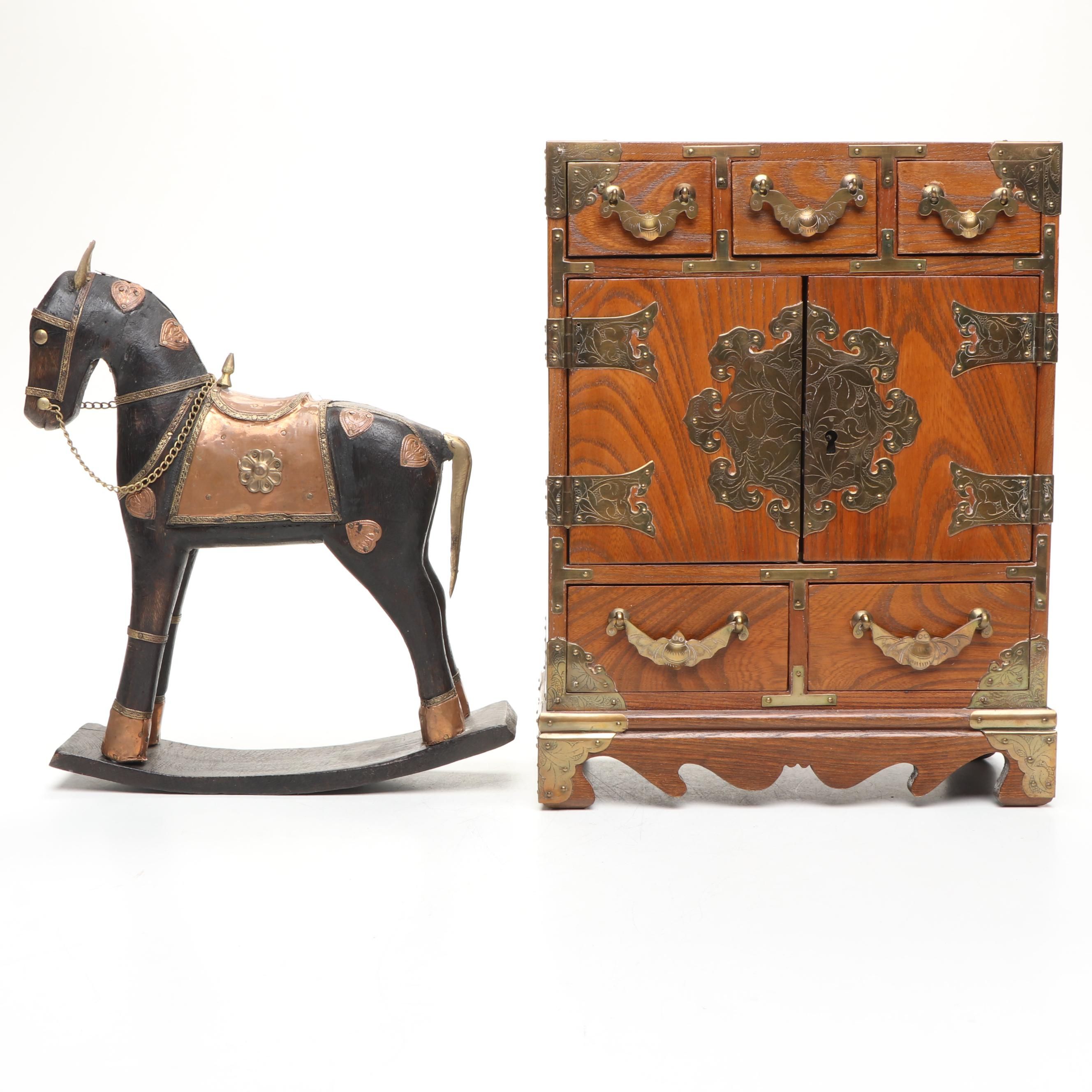 Asian Style Brass Mounted Wooden Jewelry Box with Rocking Horse