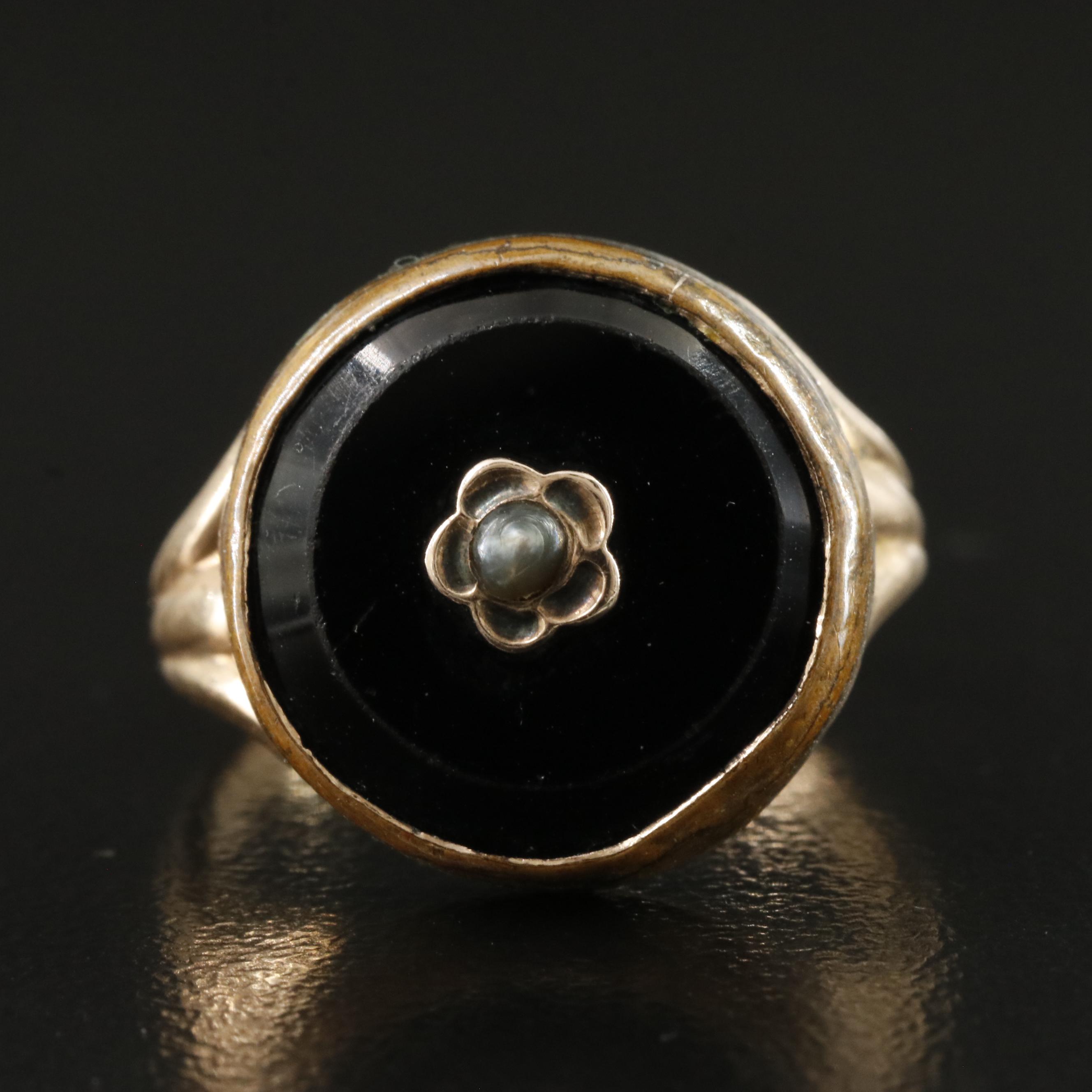 Victorian 10K Black Onyx and Pearl Mourning Ring