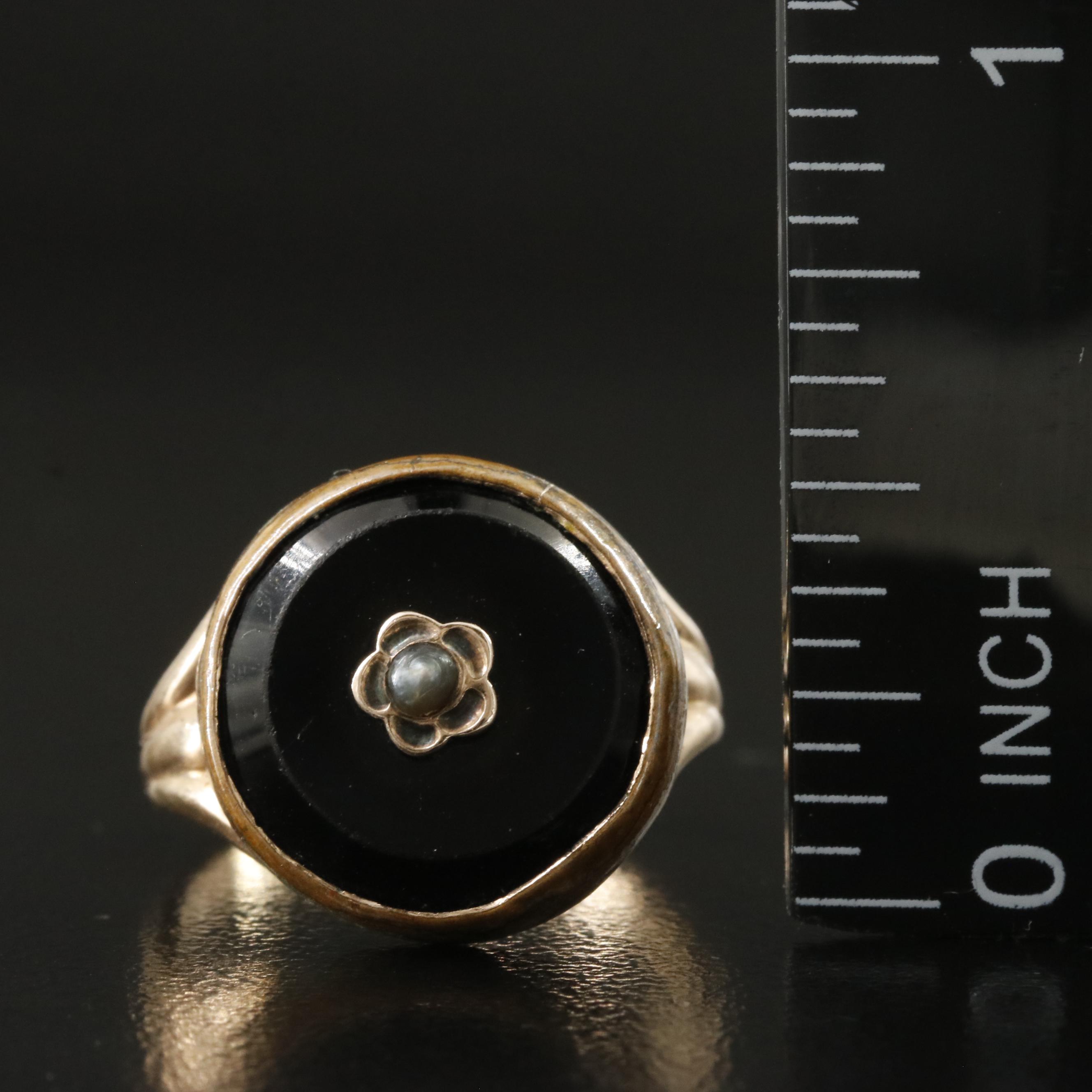 Victorian 10K Black Onyx and Pearl Mourning Ring