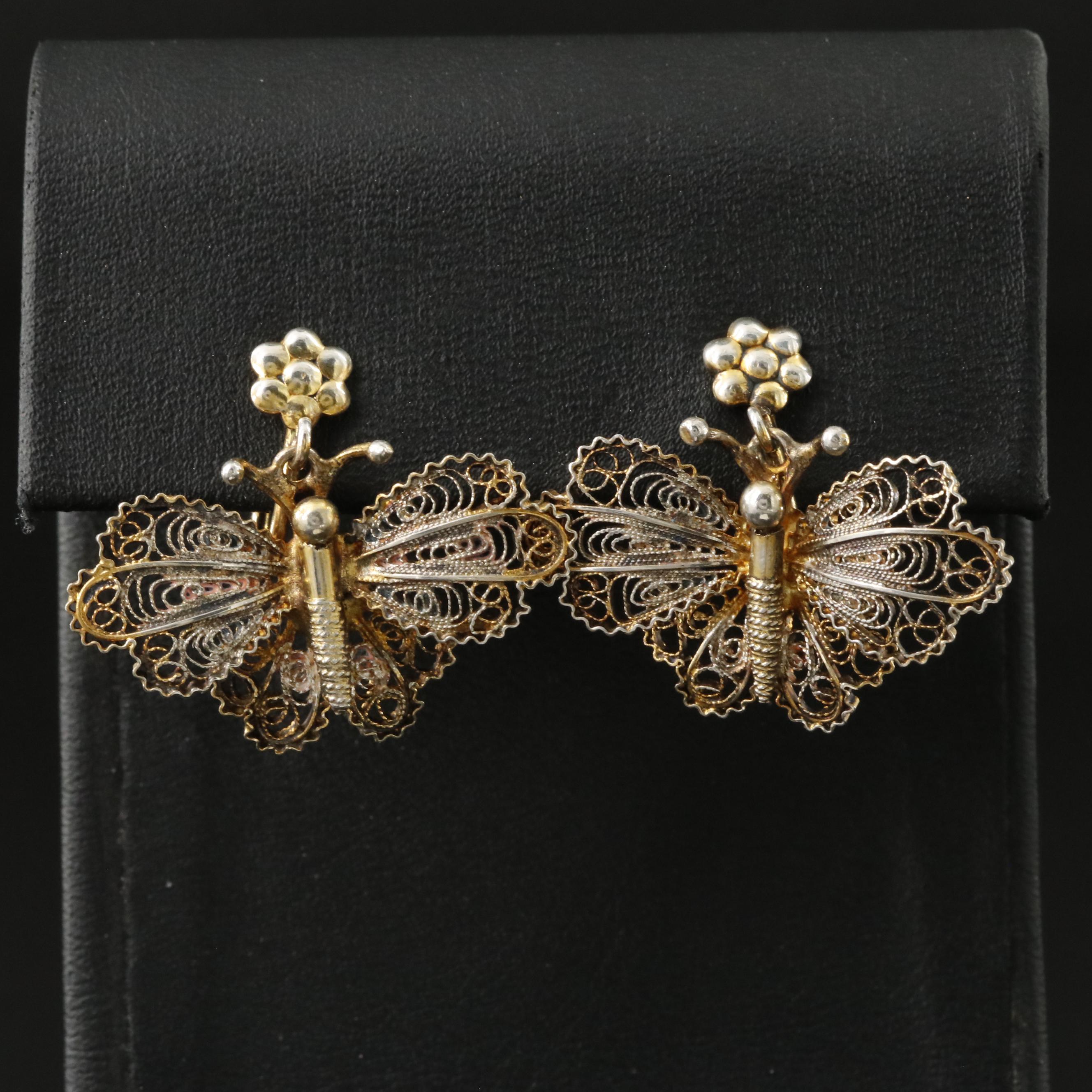 Vintage Italian 800 Silver Butterfly Filigree Butterfly Earrings