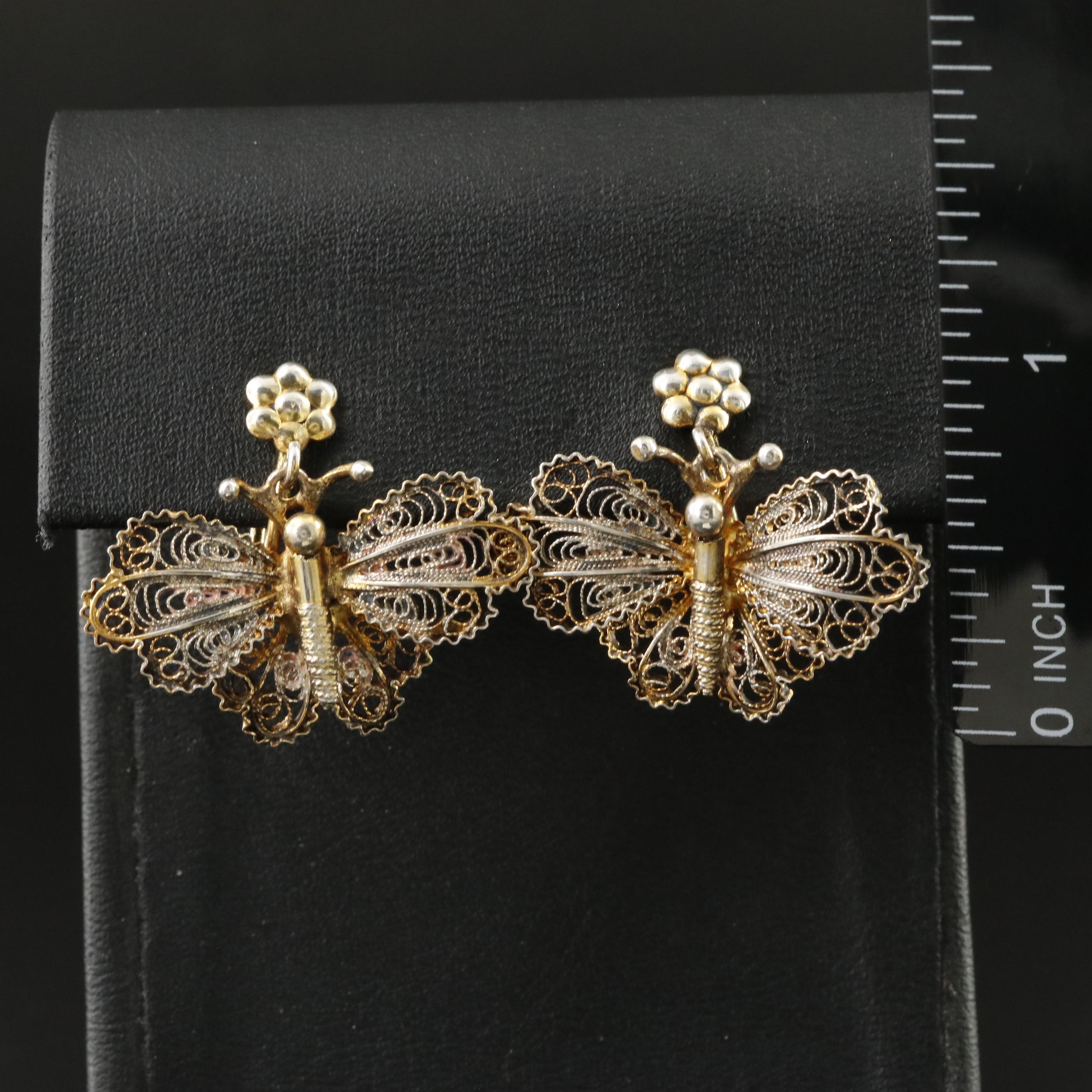 Vintage Italian 800 Silver Butterfly Filigree Butterfly Earrings