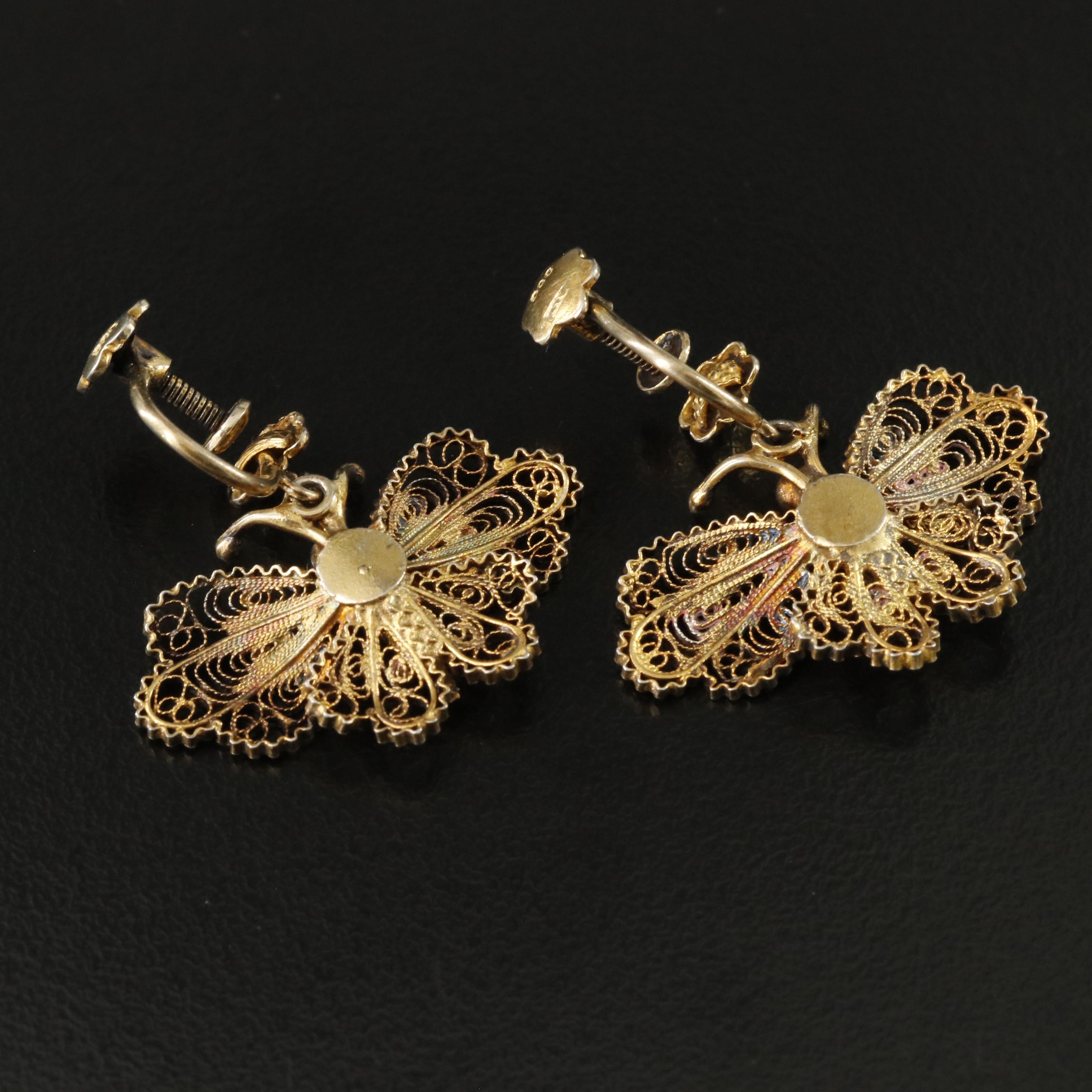 Vintage Italian 800 Silver Butterfly Filigree Butterfly Earrings