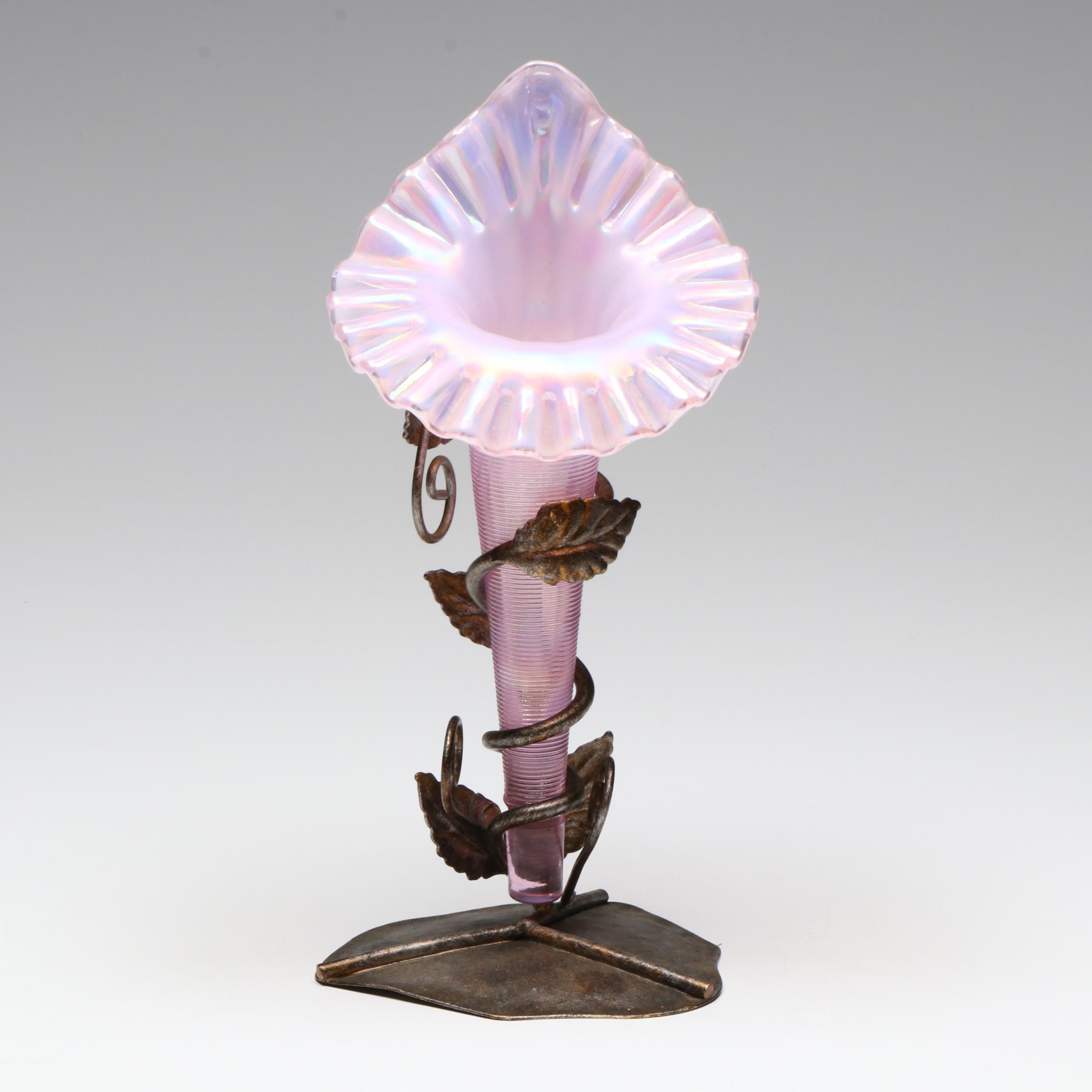 Fenton Jack-in-the-Pulpit Pink Iridescent Glass and Metal Vine Epergne