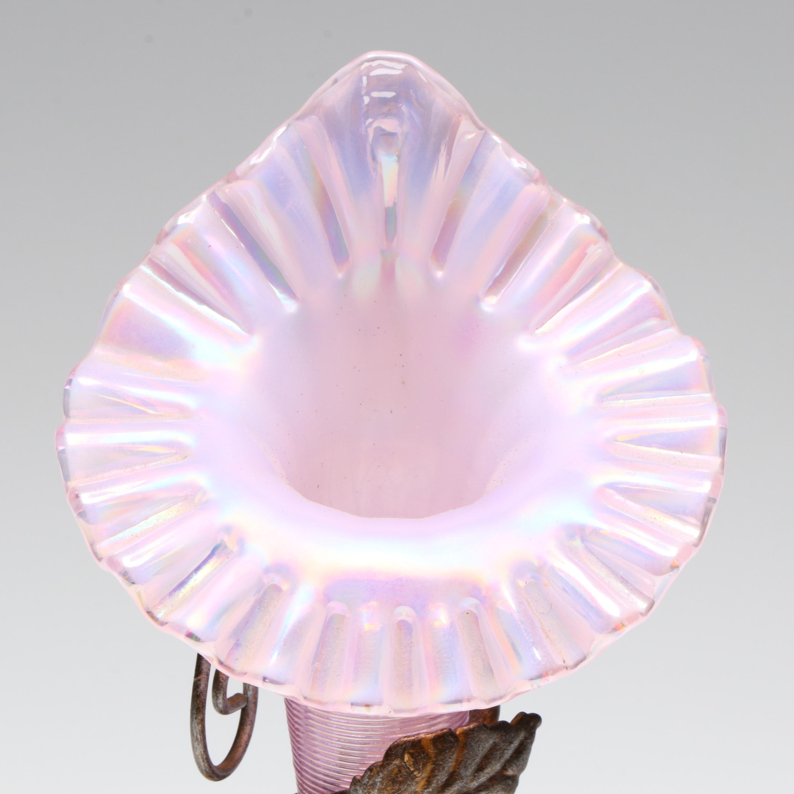 Fenton Jack-in-the-Pulpit Pink Iridescent Glass and Metal Vine Epergne