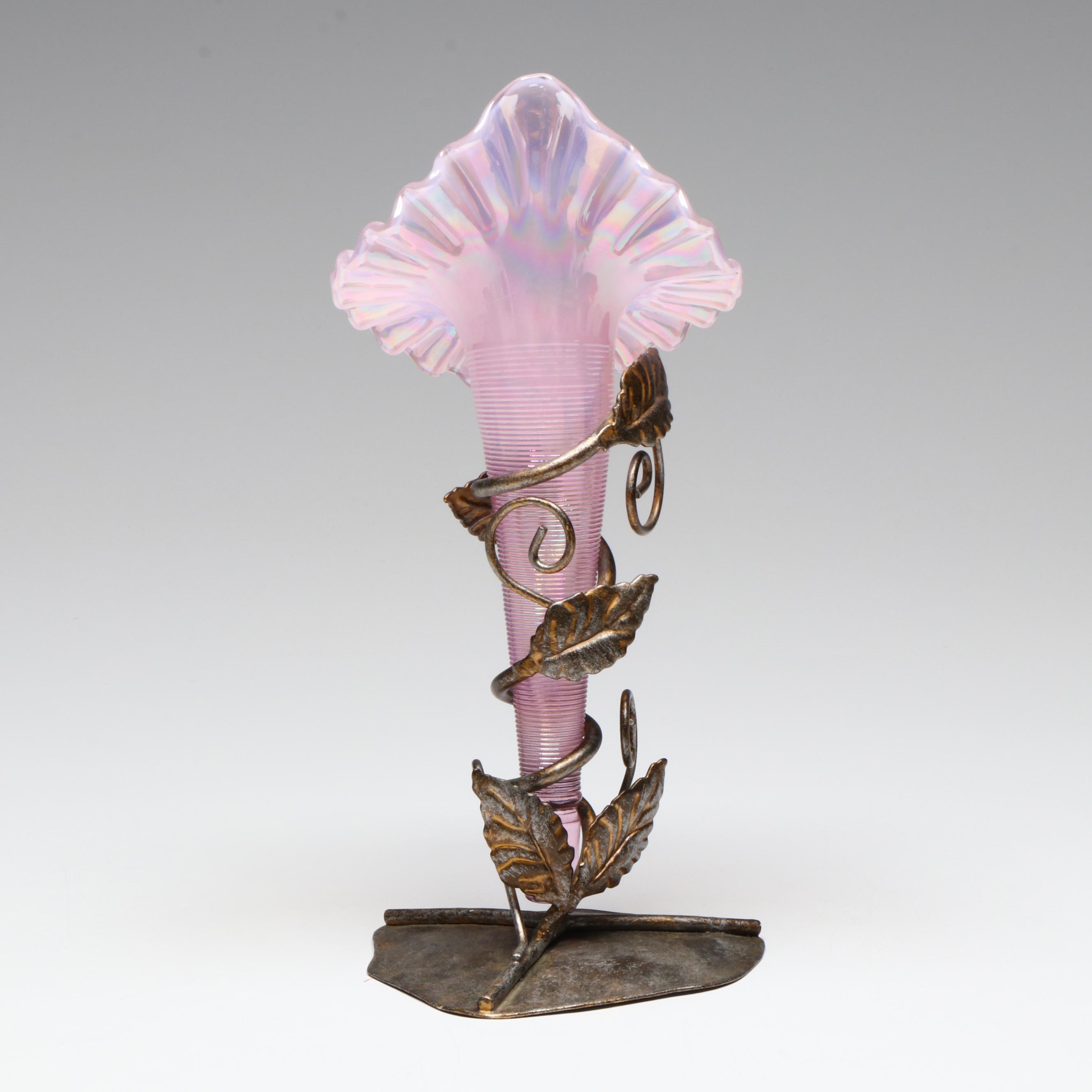 Fenton Jack-in-the-Pulpit Pink Iridescent Glass and Metal Vine Epergne