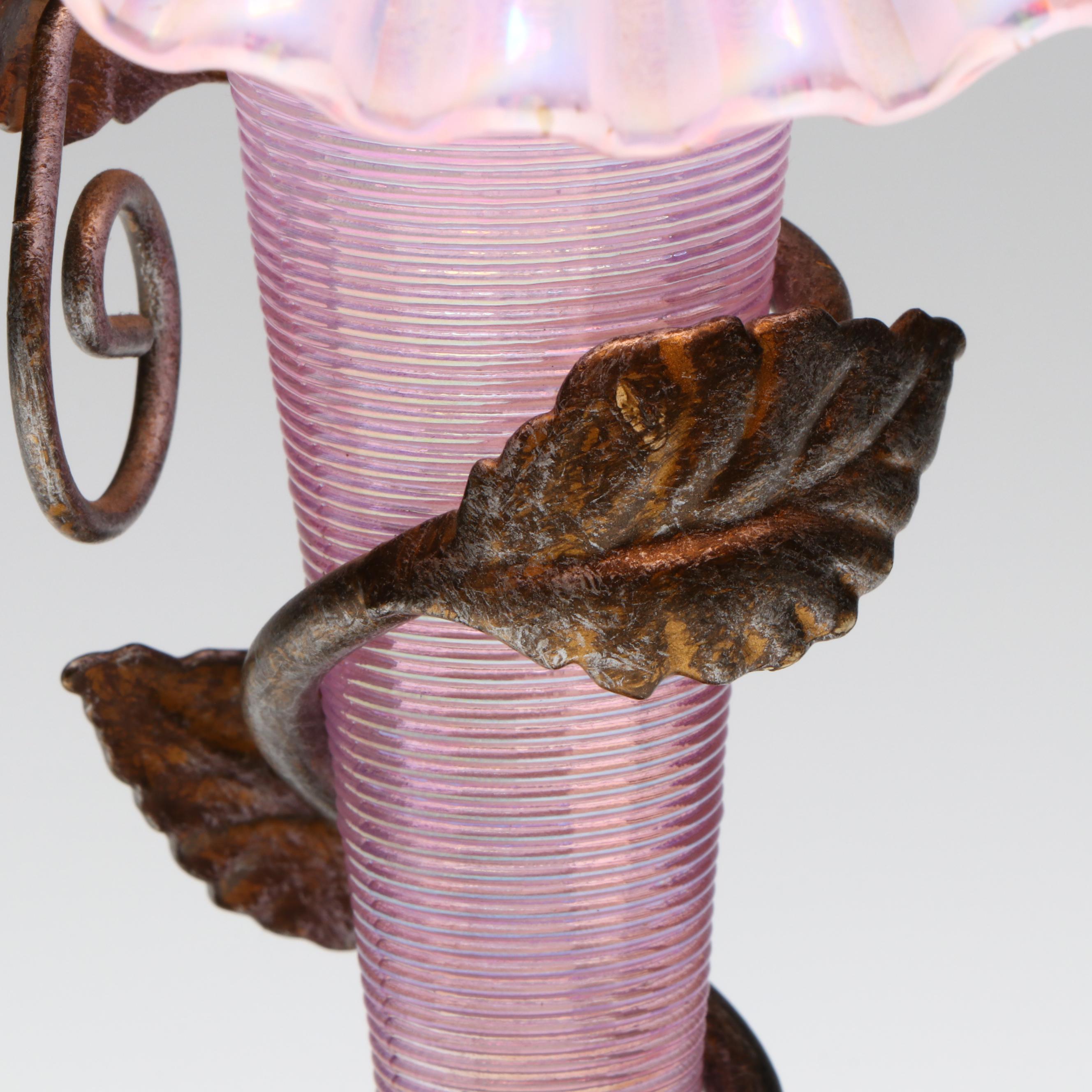 Fenton Jack-in-the-Pulpit Pink Iridescent Glass and Metal Vine Epergne