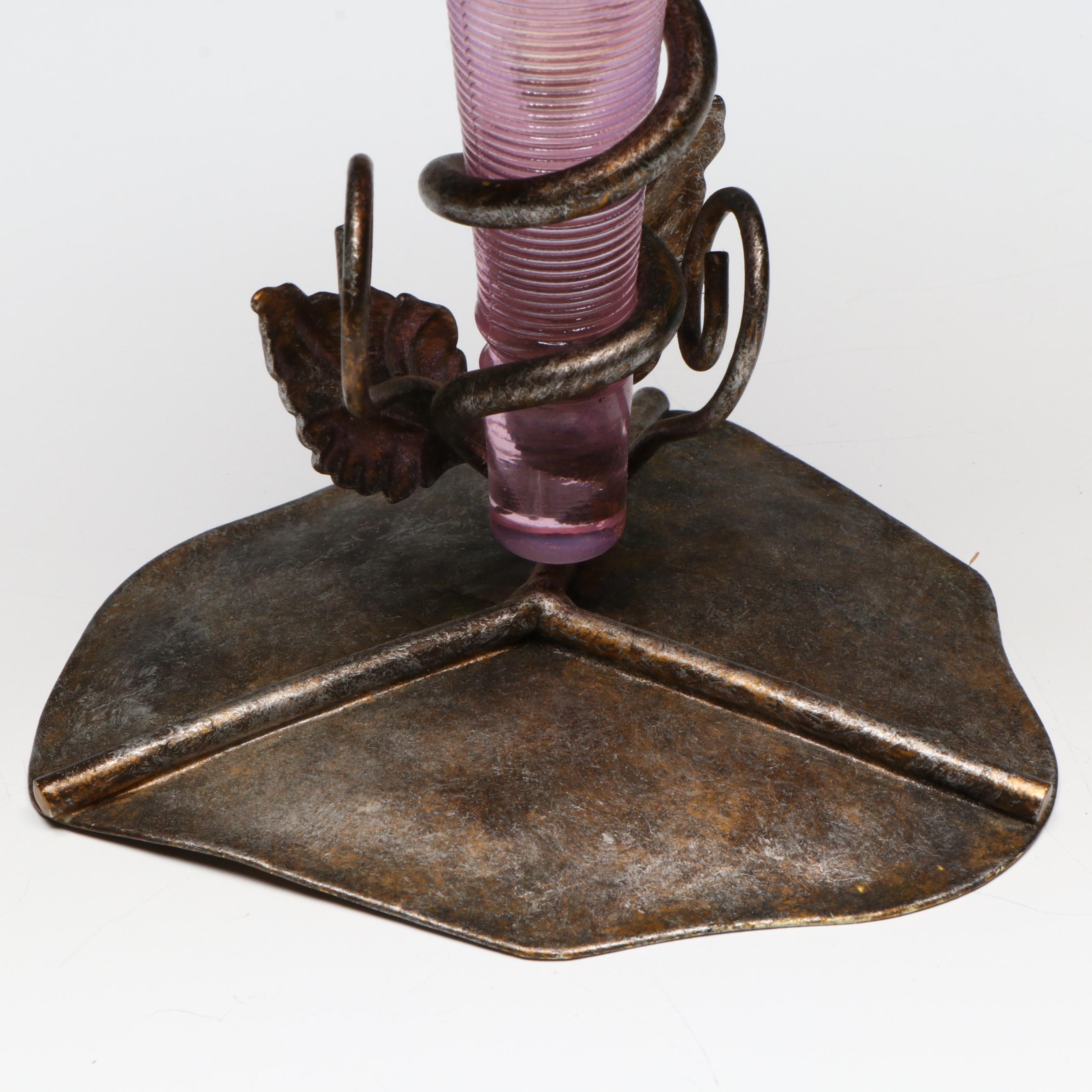 Fenton Jack-in-the-Pulpit Pink Iridescent Glass and Metal Vine Epergne